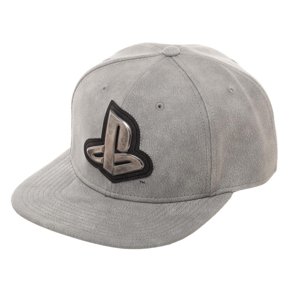 Playstation Gray Distressed Metal Logo Snapback Hat, Grey