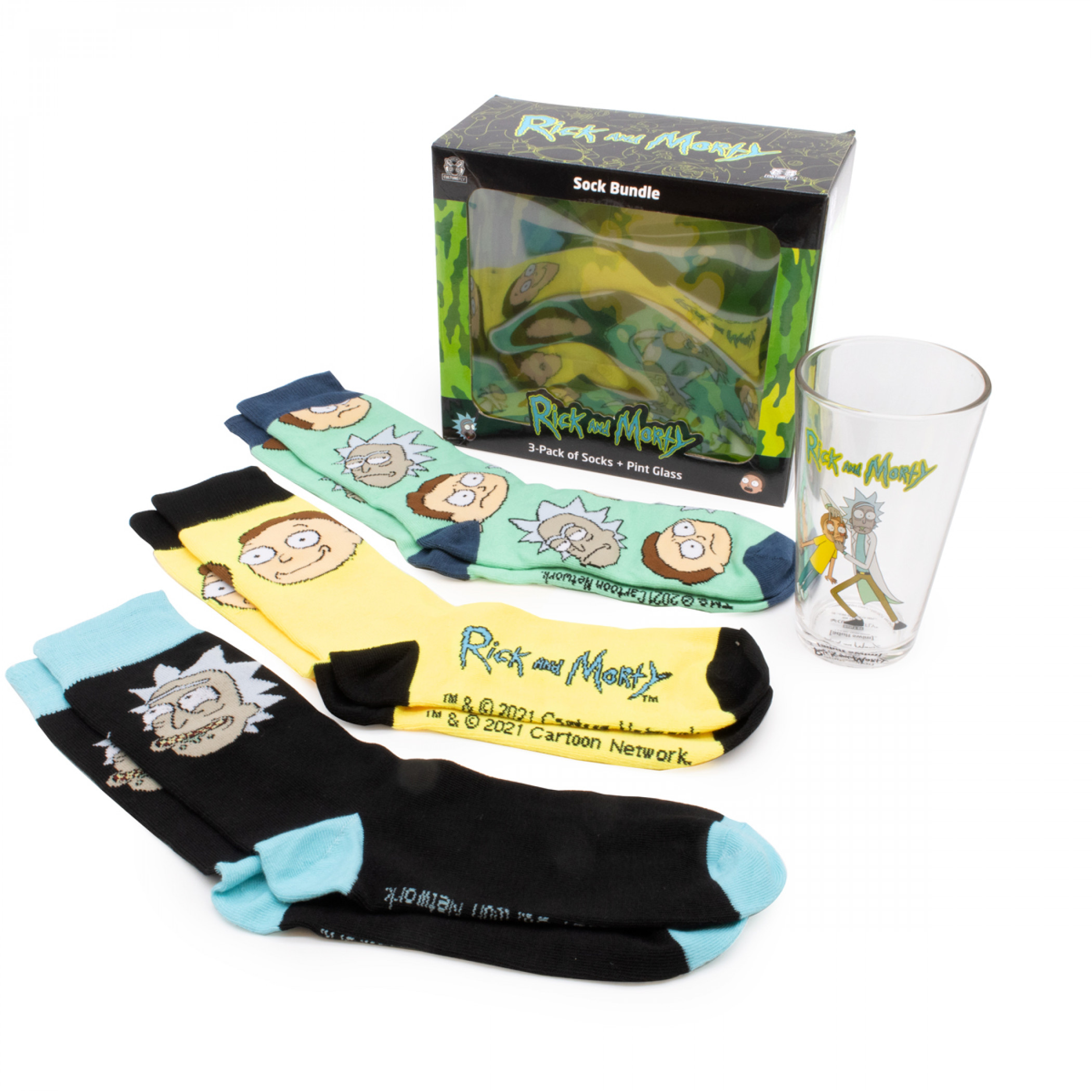 Rick & Morty 3-Pair Pack of Crew Socks and Pint Gift Set, Multi-Color