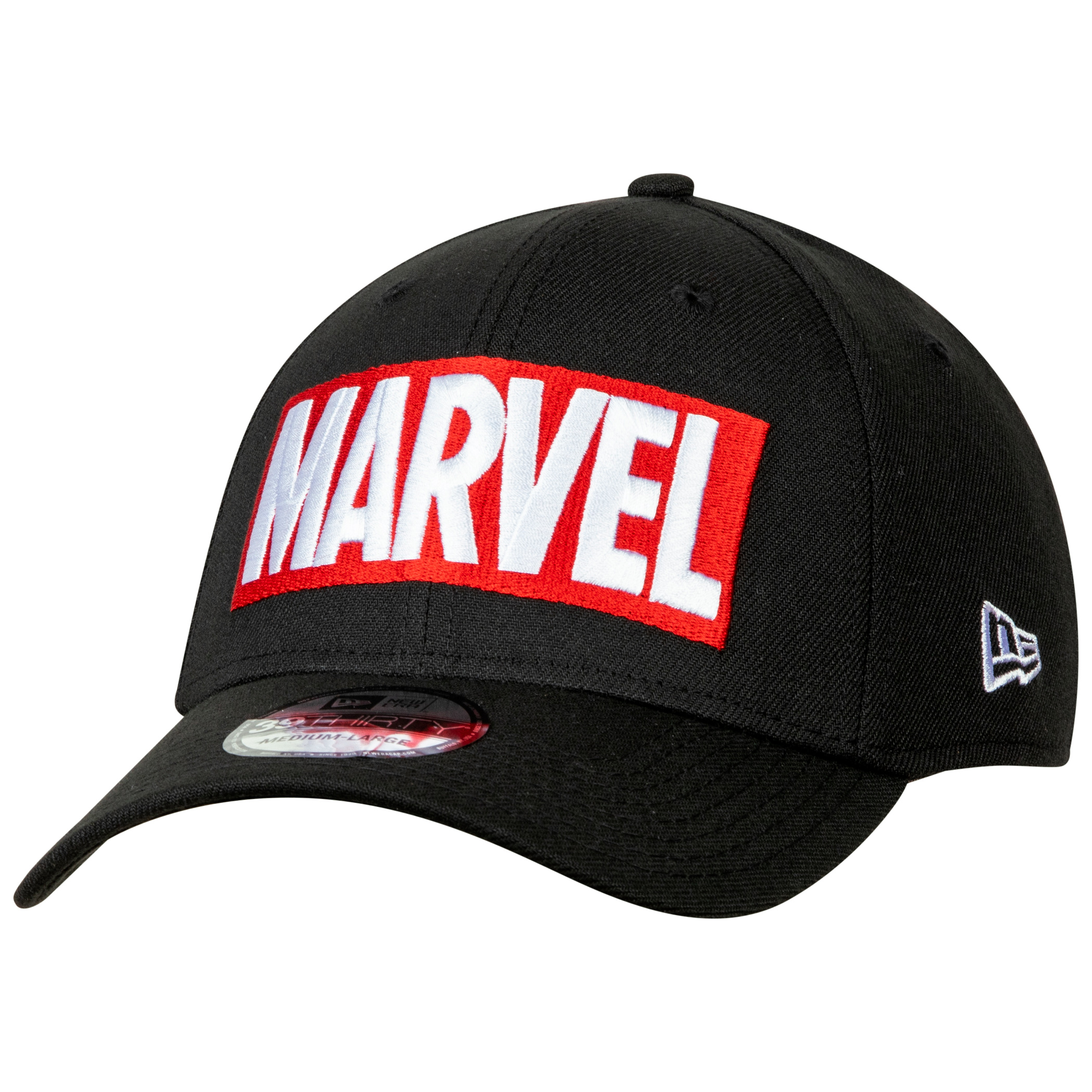 Marvel Brand Logo BLACK Label New Era 39Thirty Fitted Hat, Black
