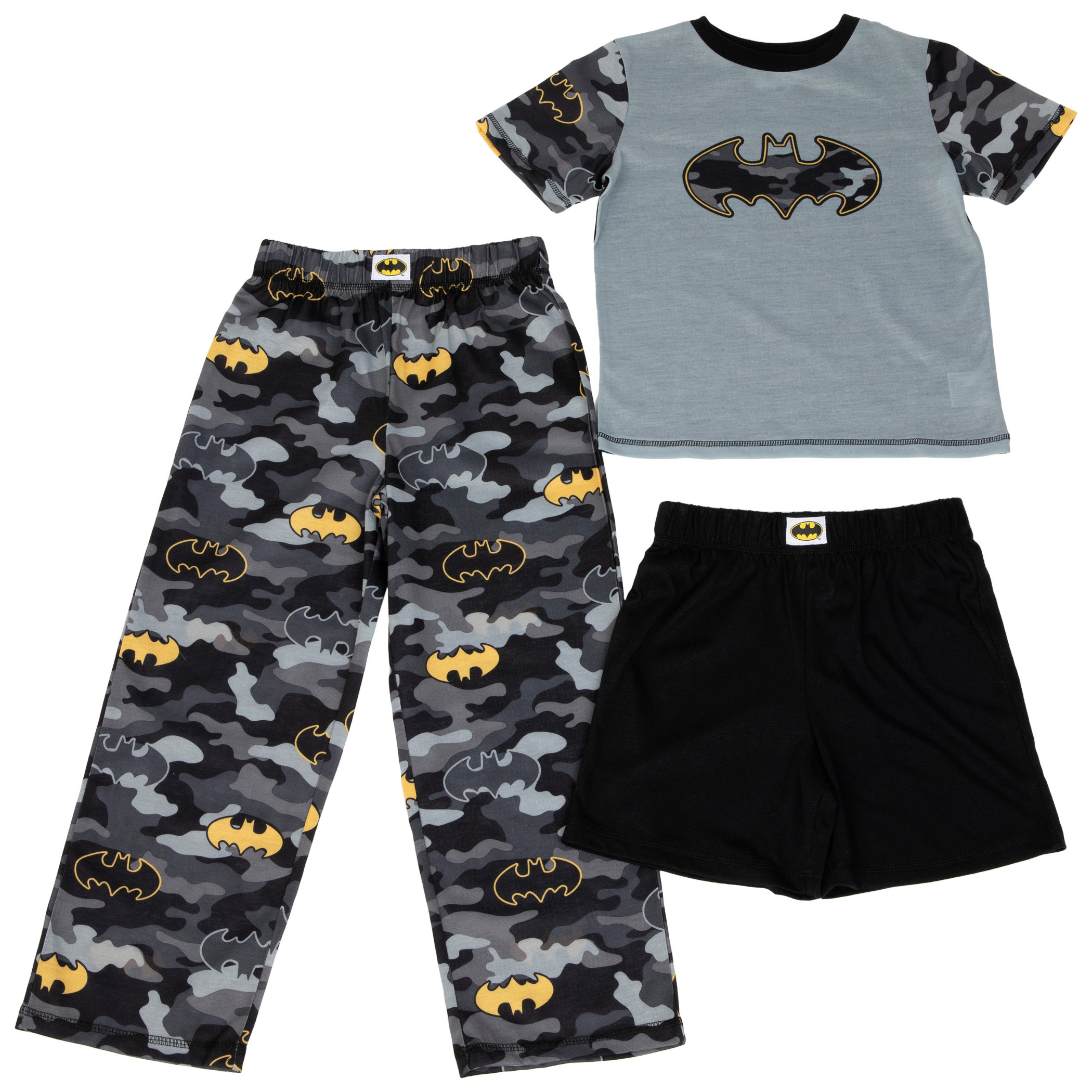 Batman Camouflage Symbols Boy's 3 Piece Pajama Set, Grey