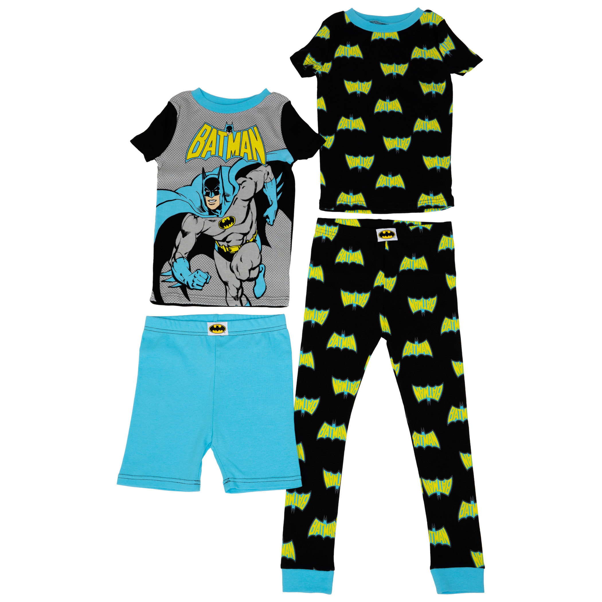 Batman Figure and All Over Symbols Youth 4-Piece Pajama Set, Blue