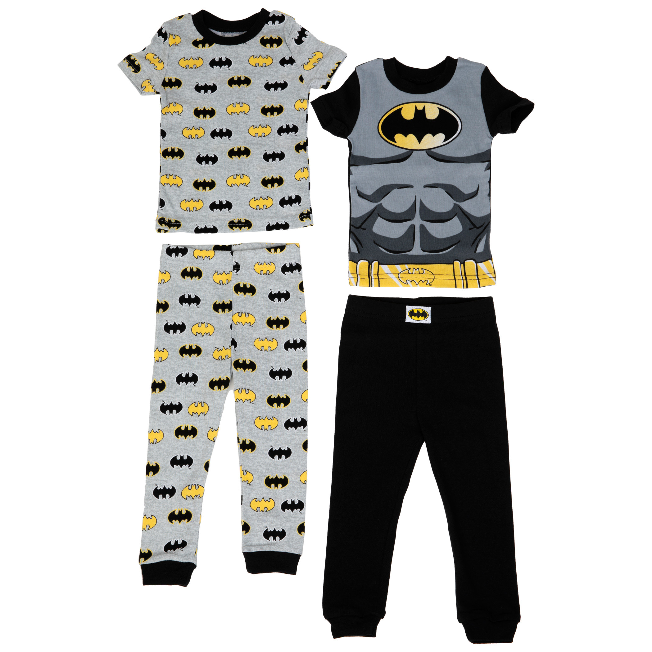 Batman Armor and All Over Logos Print 4-Piece Pajama Set, Black