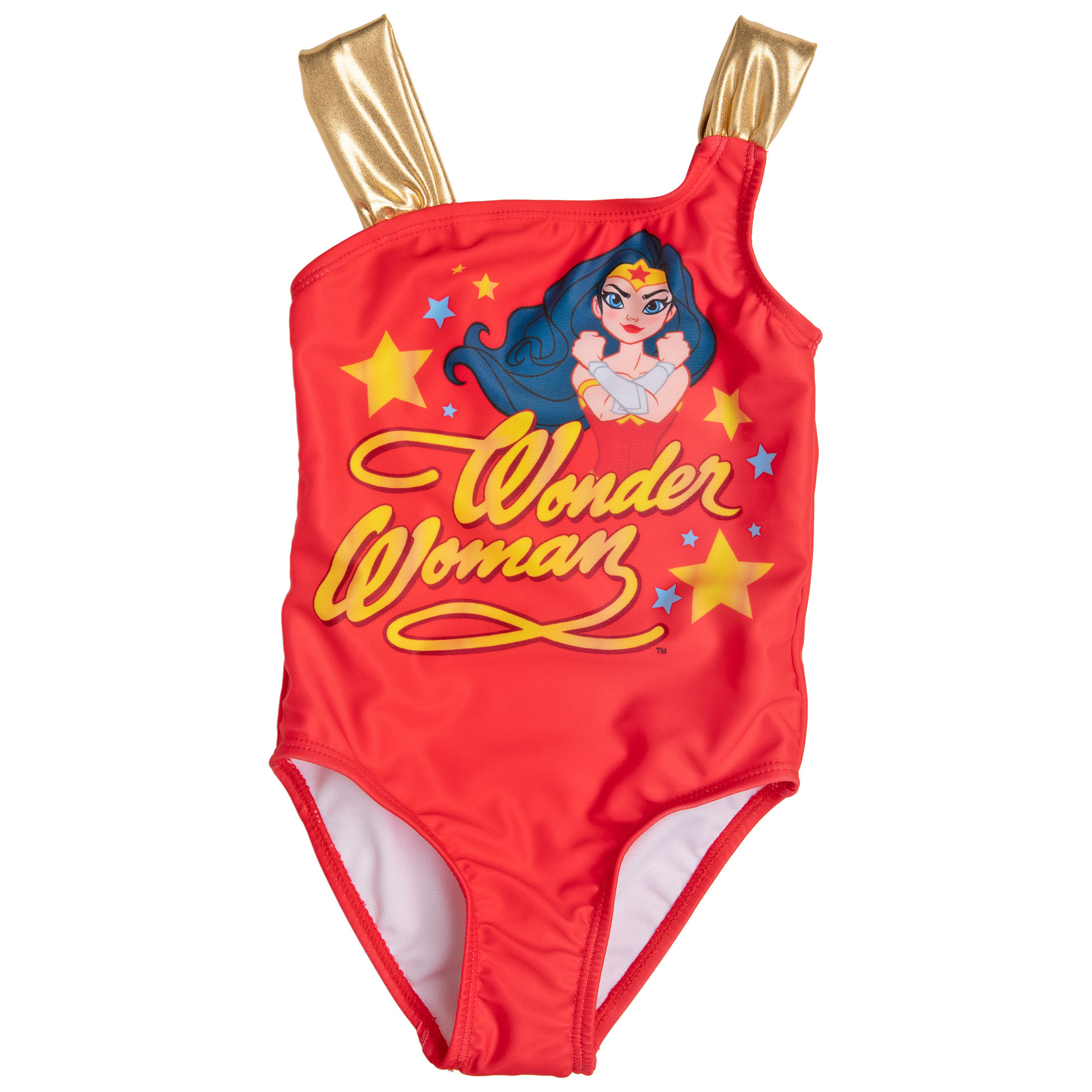 Wonder Woman Character Gold Foil One Piece Girls Toddler Swimsuit, Red