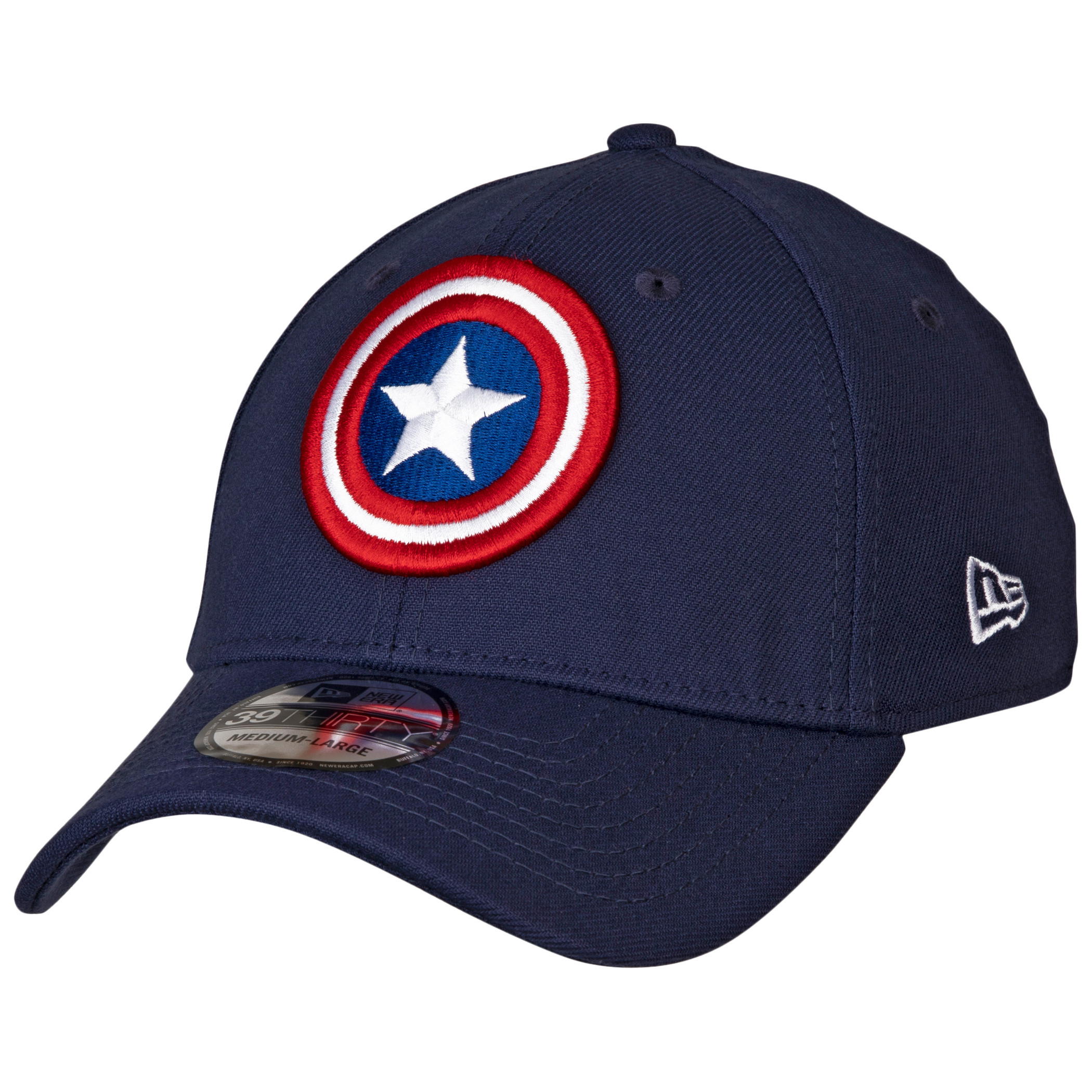 Captain America Shield Symbol Color Block New Era 39Thirty Fitted Hat, Blue
