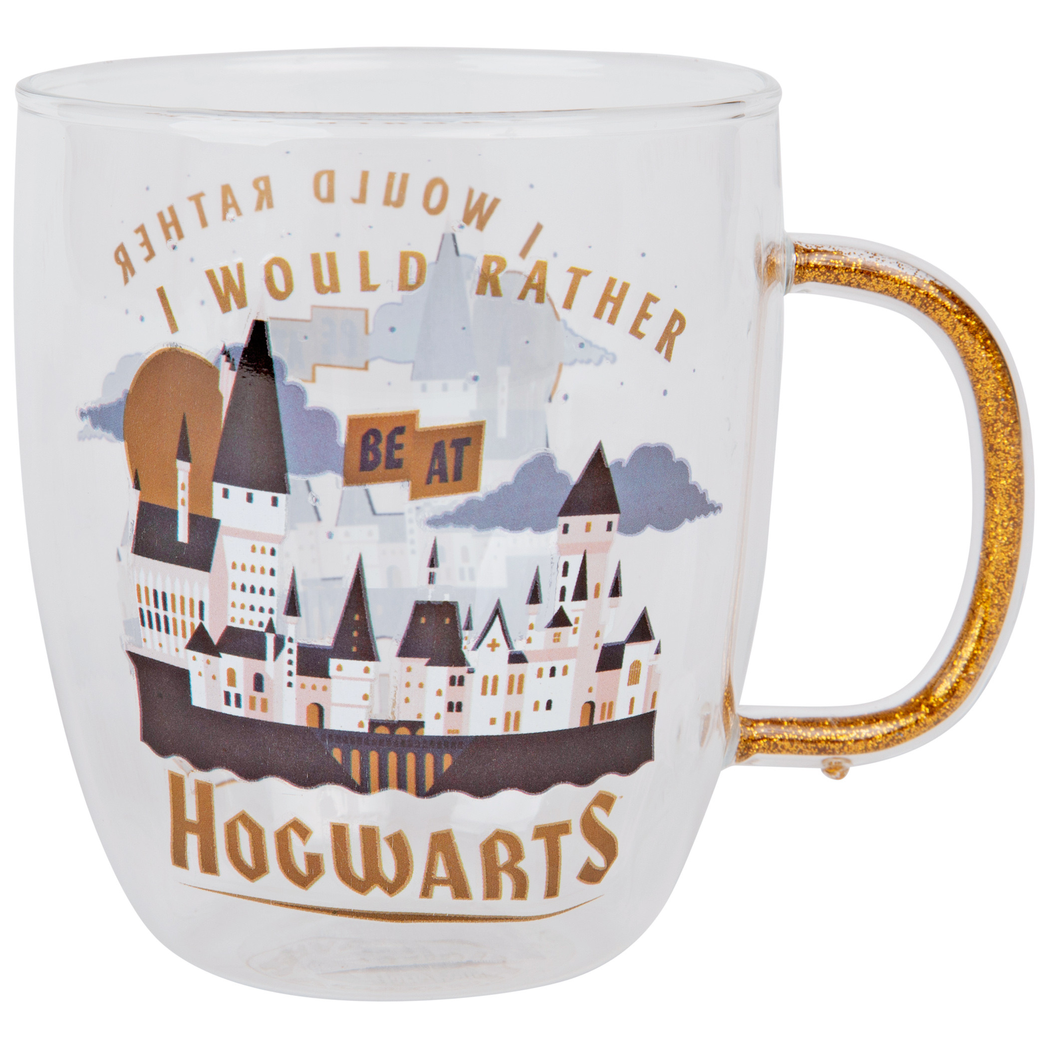 Harry Potter I Would Rather Be At Hogwarts 14oz Glitter Handle Glass Mug, Clear