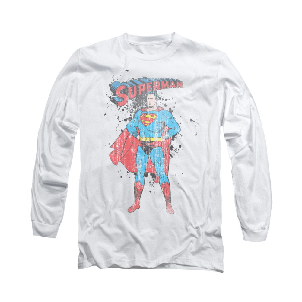 Superman Vintage Ink Splatter White Long Sleeve T-Shirt, White