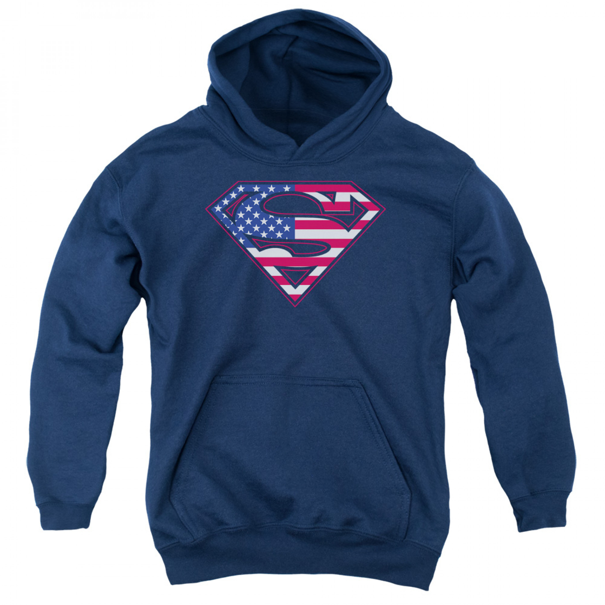 Superman Patriotic American Flag Logo Youth Hoodie, Blue