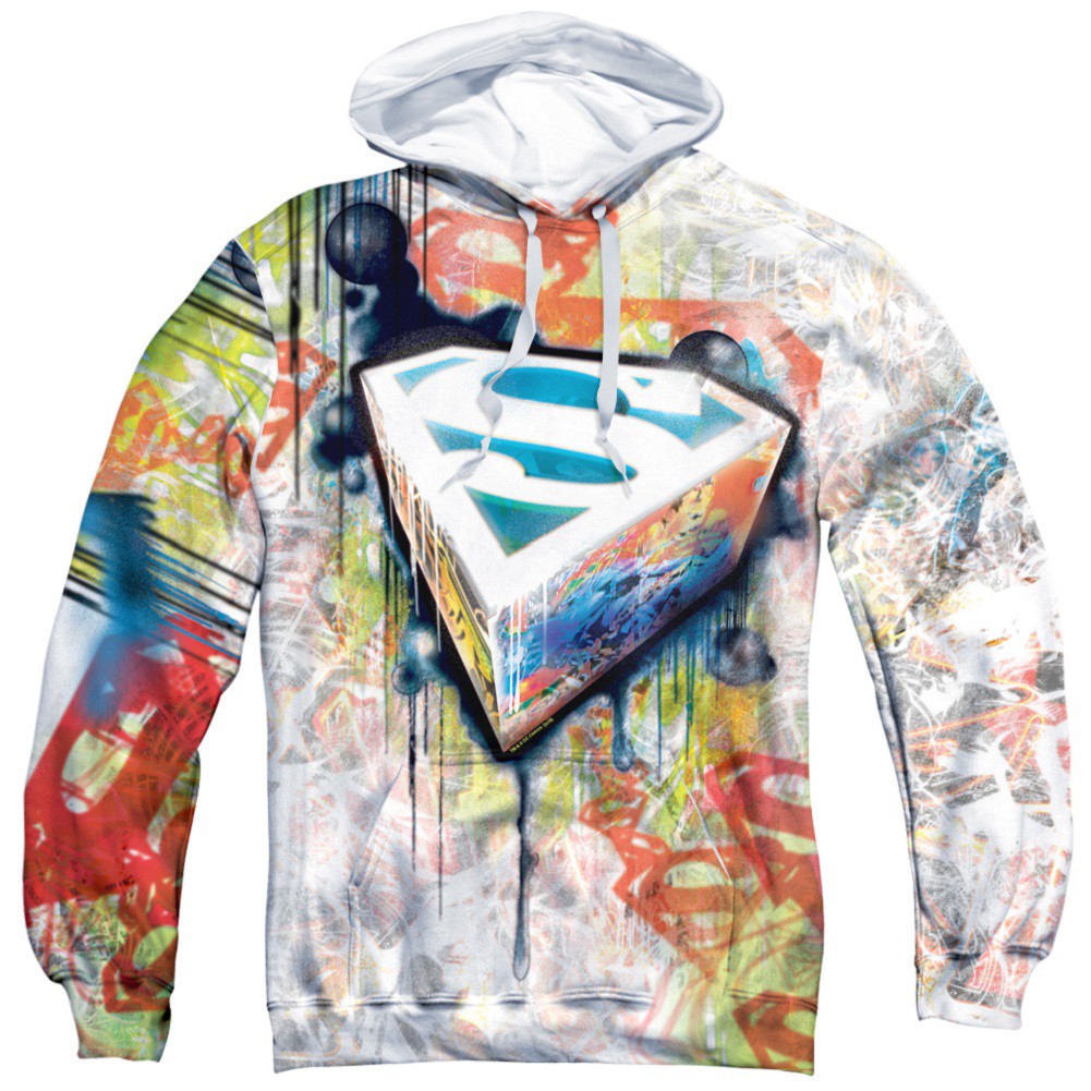 Superman Graffiti All Over Front and Back Print Hoodie, Blue