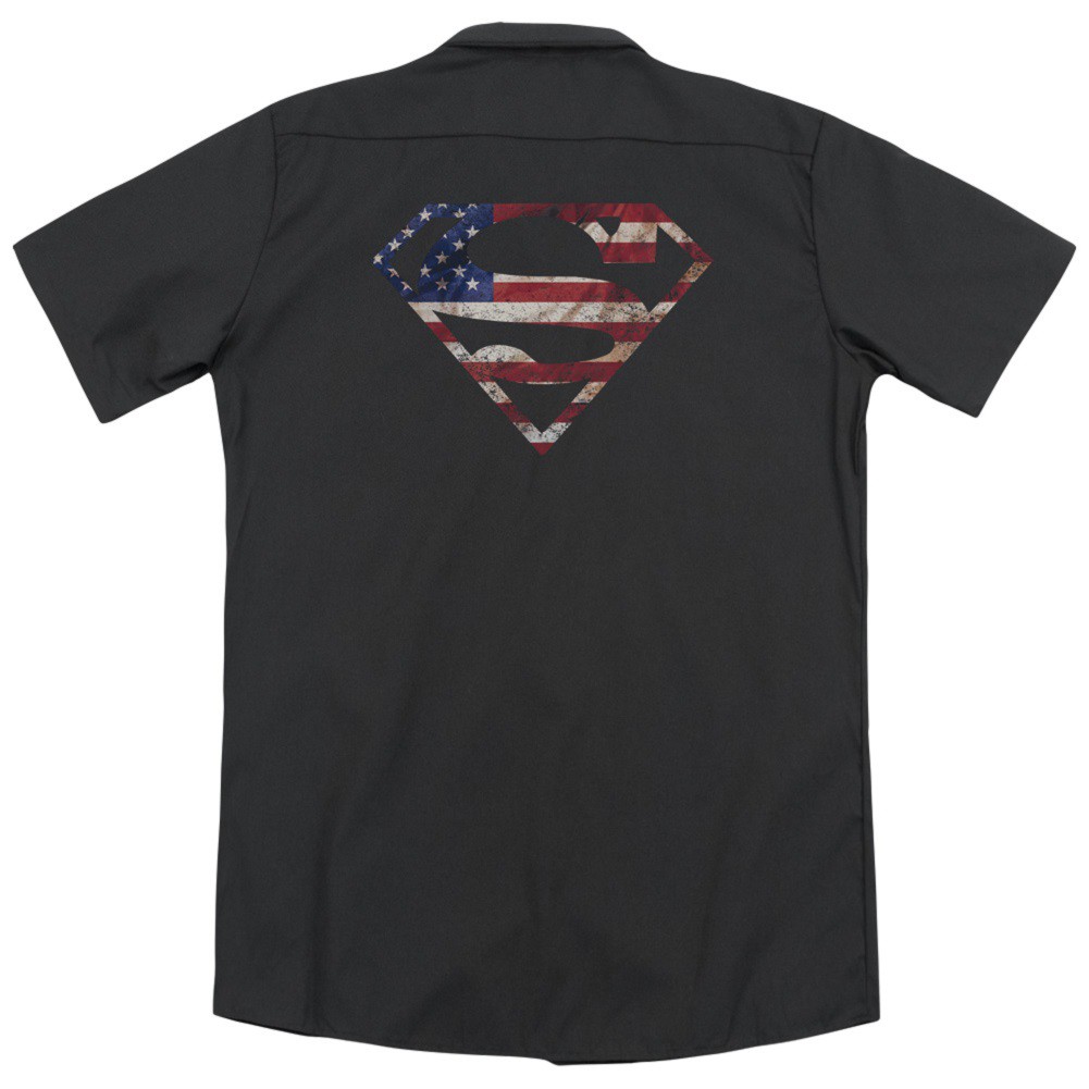 Superman American Flag Logo Work Shirt, Black