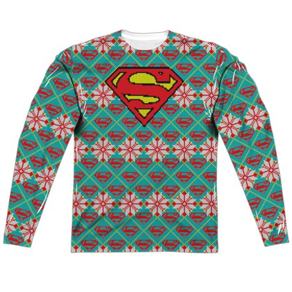 Superman Ugly Christmas Sweater Print Long Sleeve Tee, White