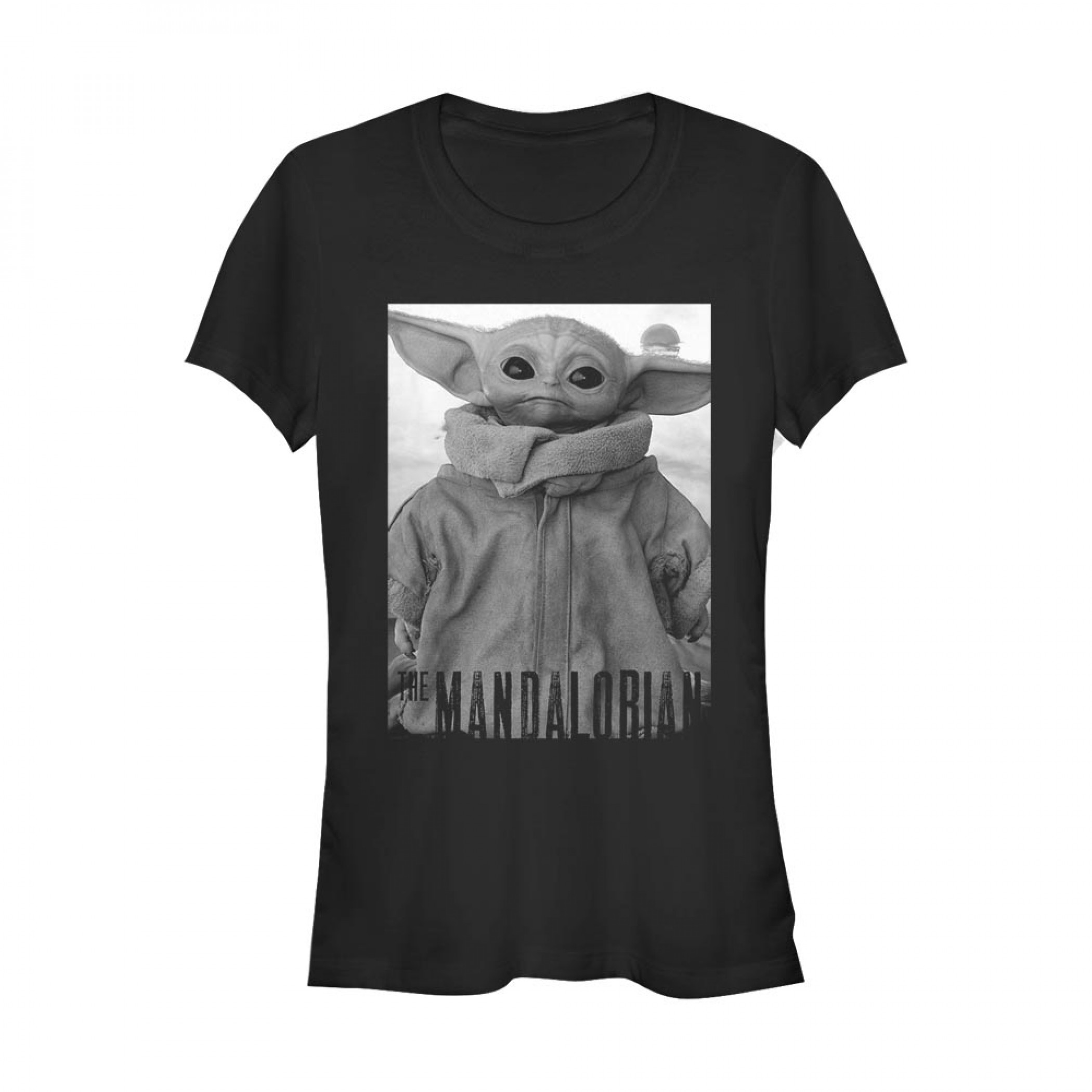 Star Wars The Mandalorian The Child Grayscale Pose Junior's T-Shirt, Black