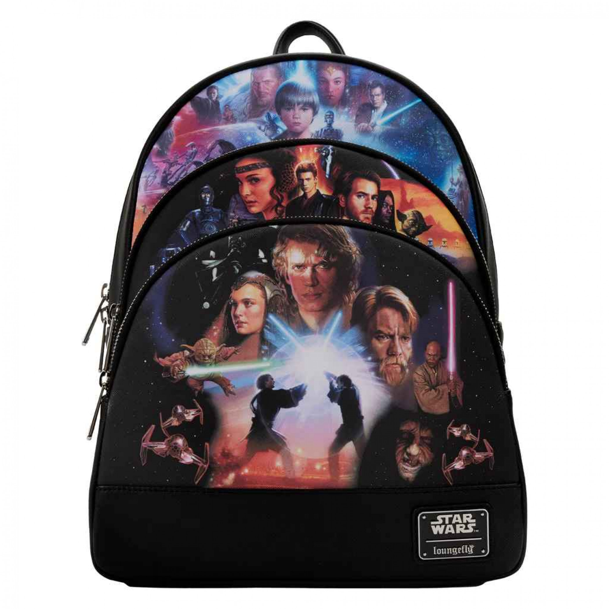 Star Wars Prequel Trilogy Triple Pocket Loungefly Mini Backpack, Black