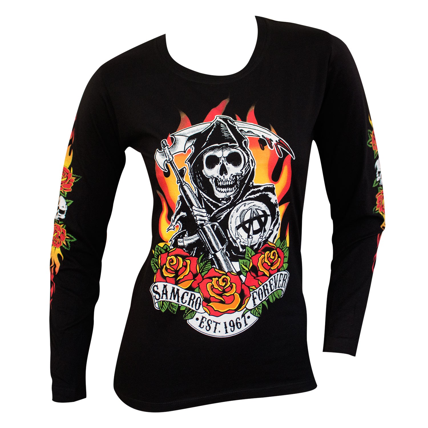 Sons Of Anarchy Women S Black Reaper Flames Long Sleeve Shirt