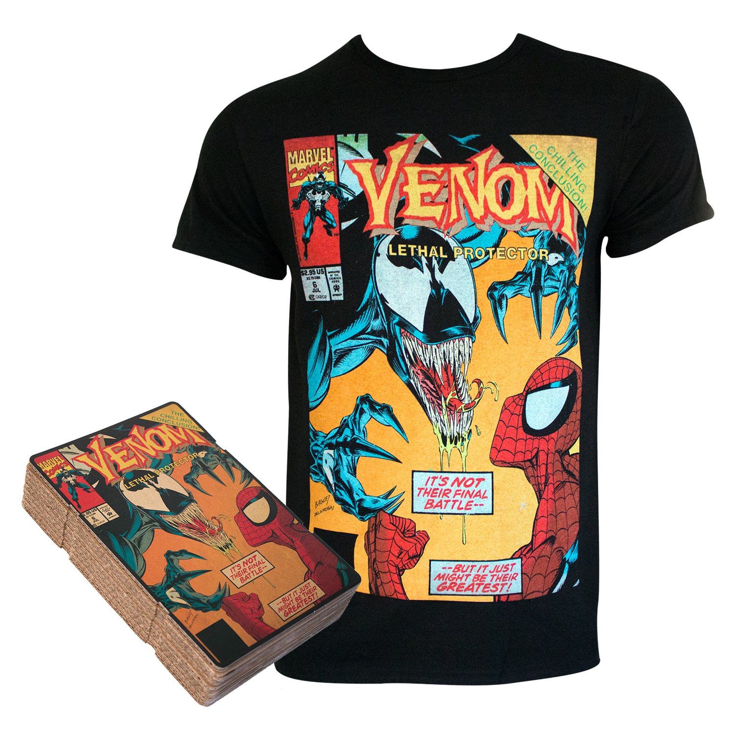 Spiderman VS Venom Comic Cover Boxed Black Tee Shirt, Black
