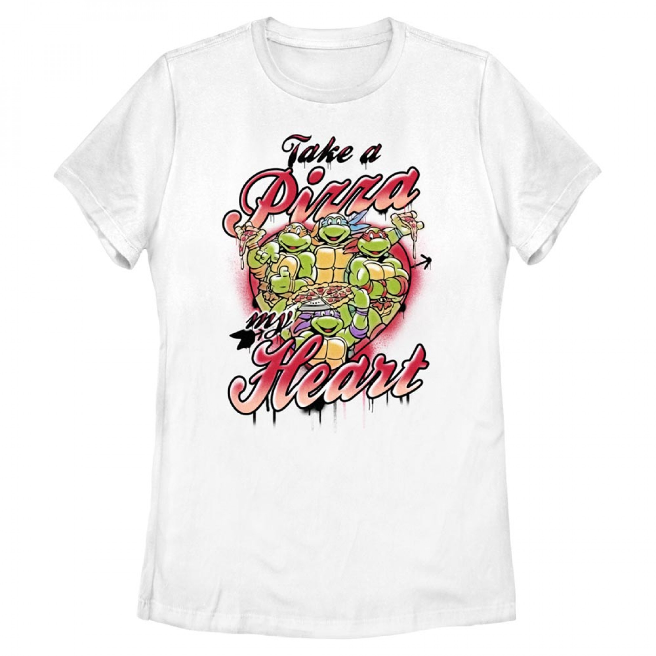 Teenage Mutant Ninja Turtles Take A Pizza My Heart V-Day Juniors T-Shirt, White