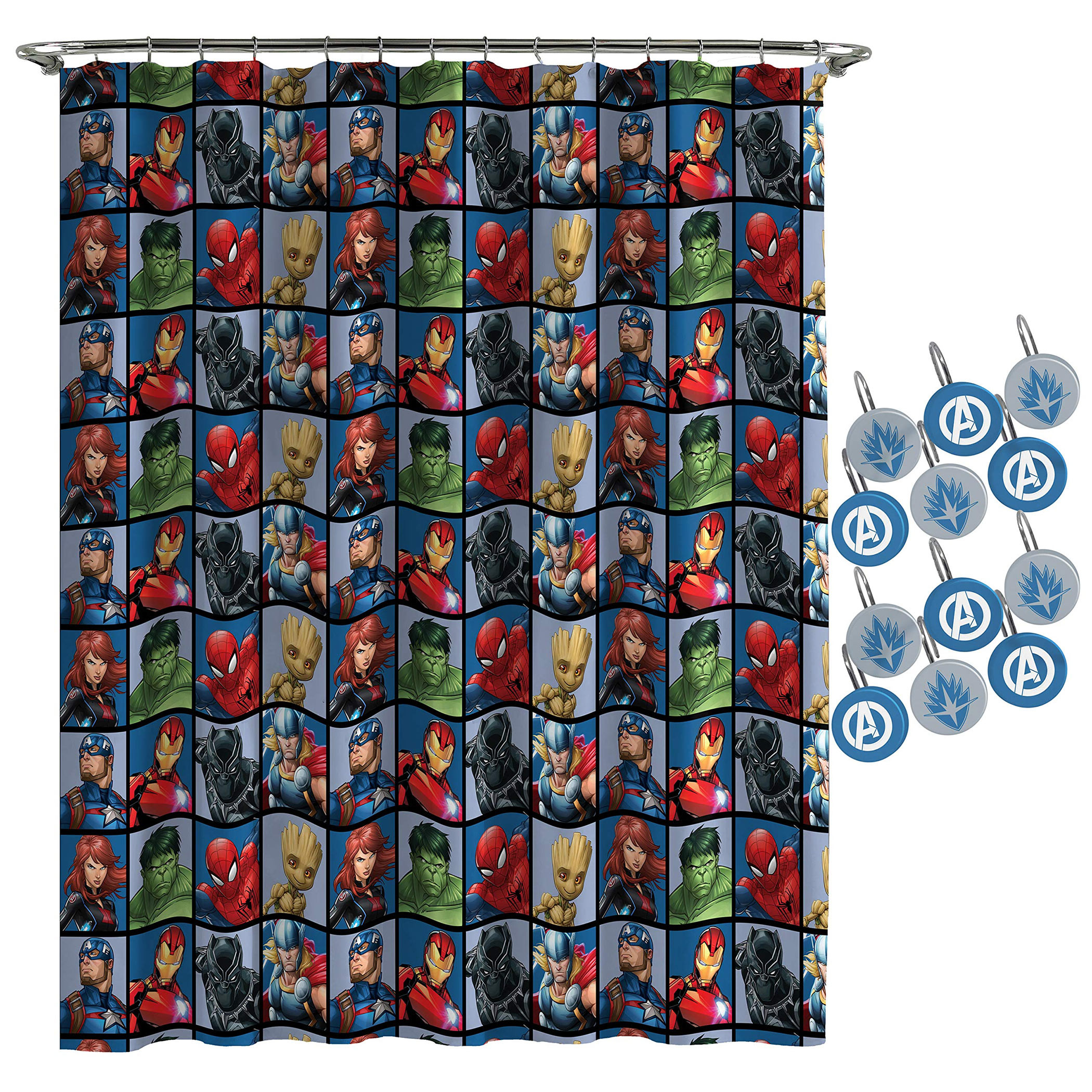 Avengers Team Shower Curtain and Hook Set, Multi-Color
