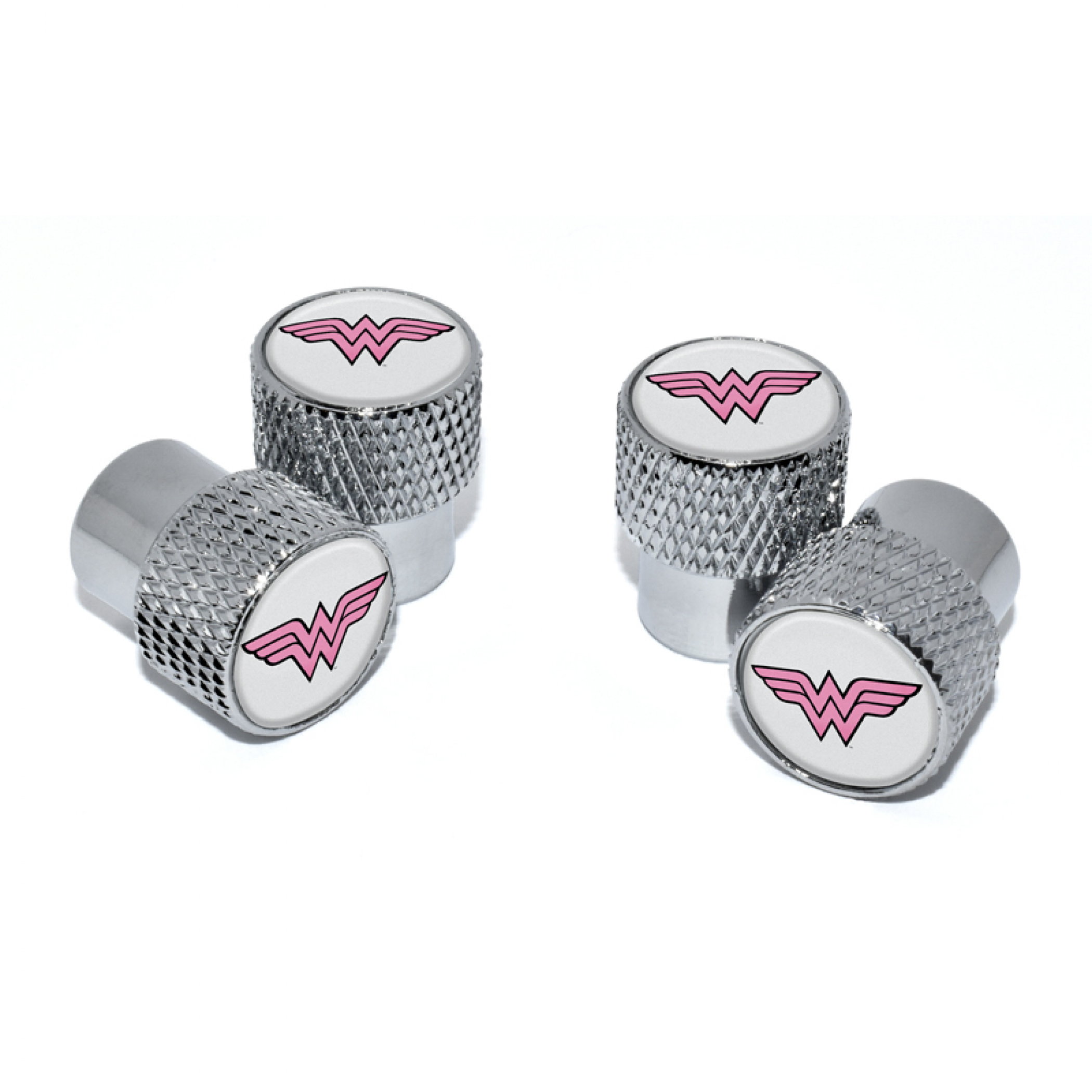 Wonder Woman Symbol Valve Stem Caps with Chrome Knurling 4-Pack, Silver
