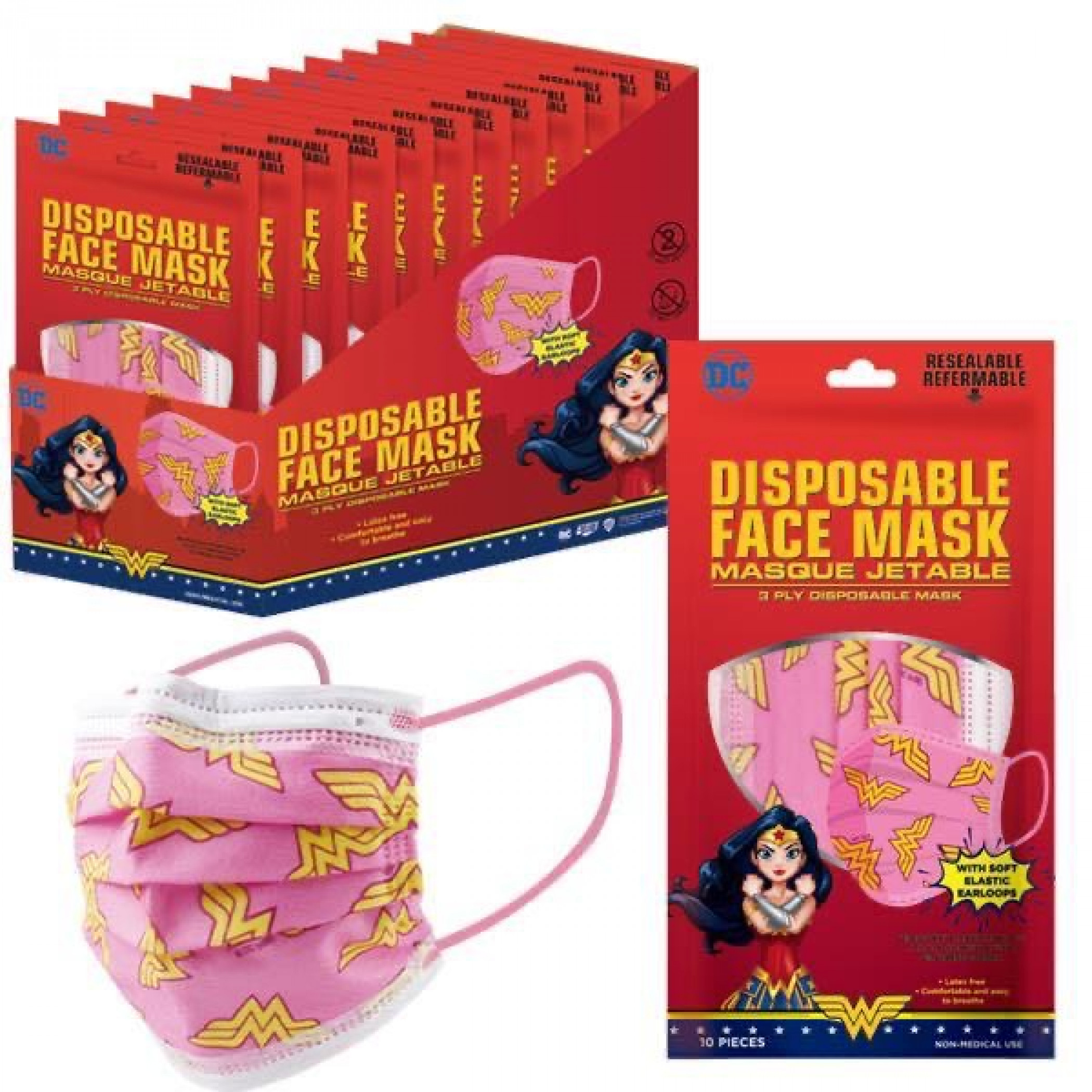Wonder Woman Symbol All Over 10-Pack of Disposable Youth Face Masks, Pink