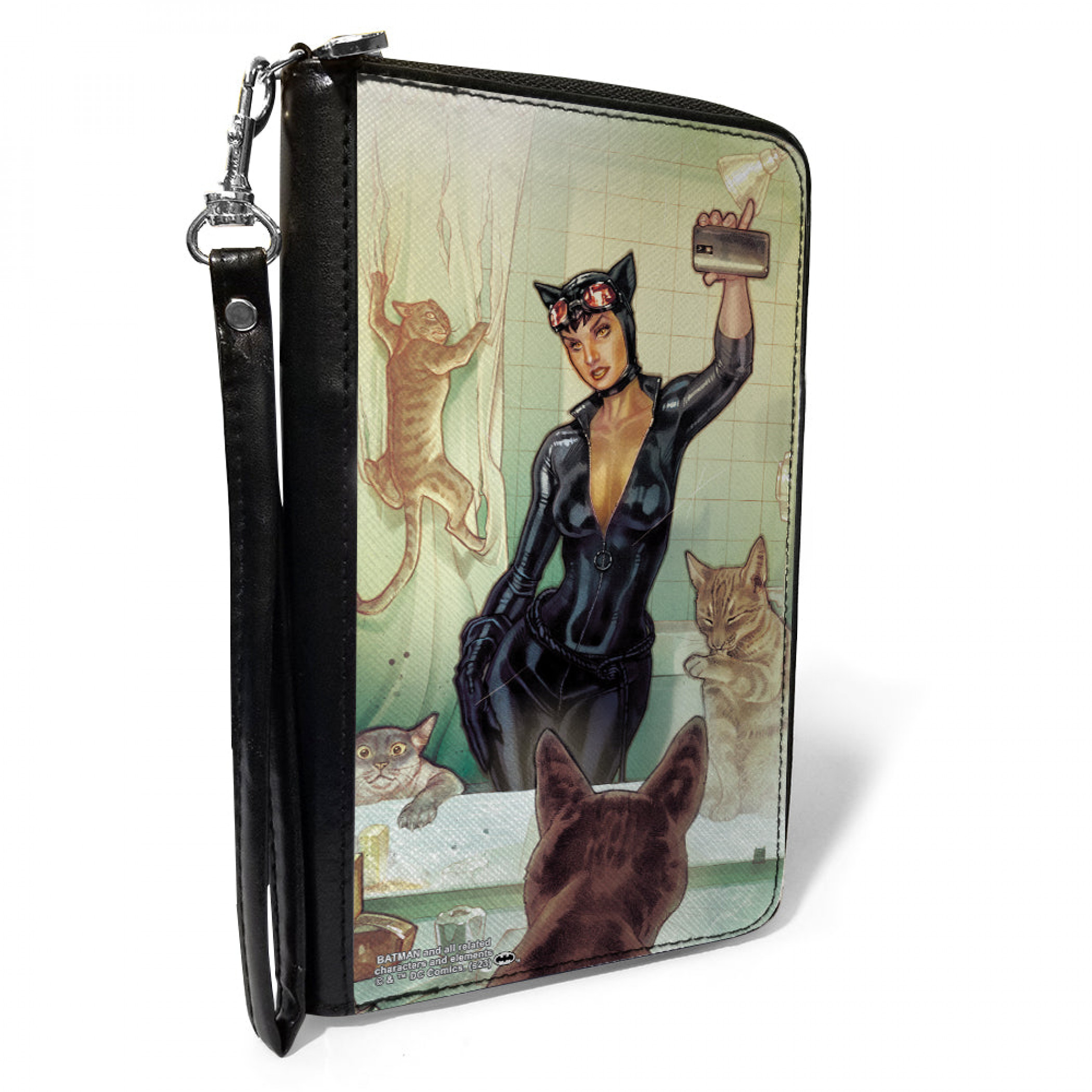 Catwoman Crazy Cat Selfie PU Leather Zip Around Wallet, Multi-Color