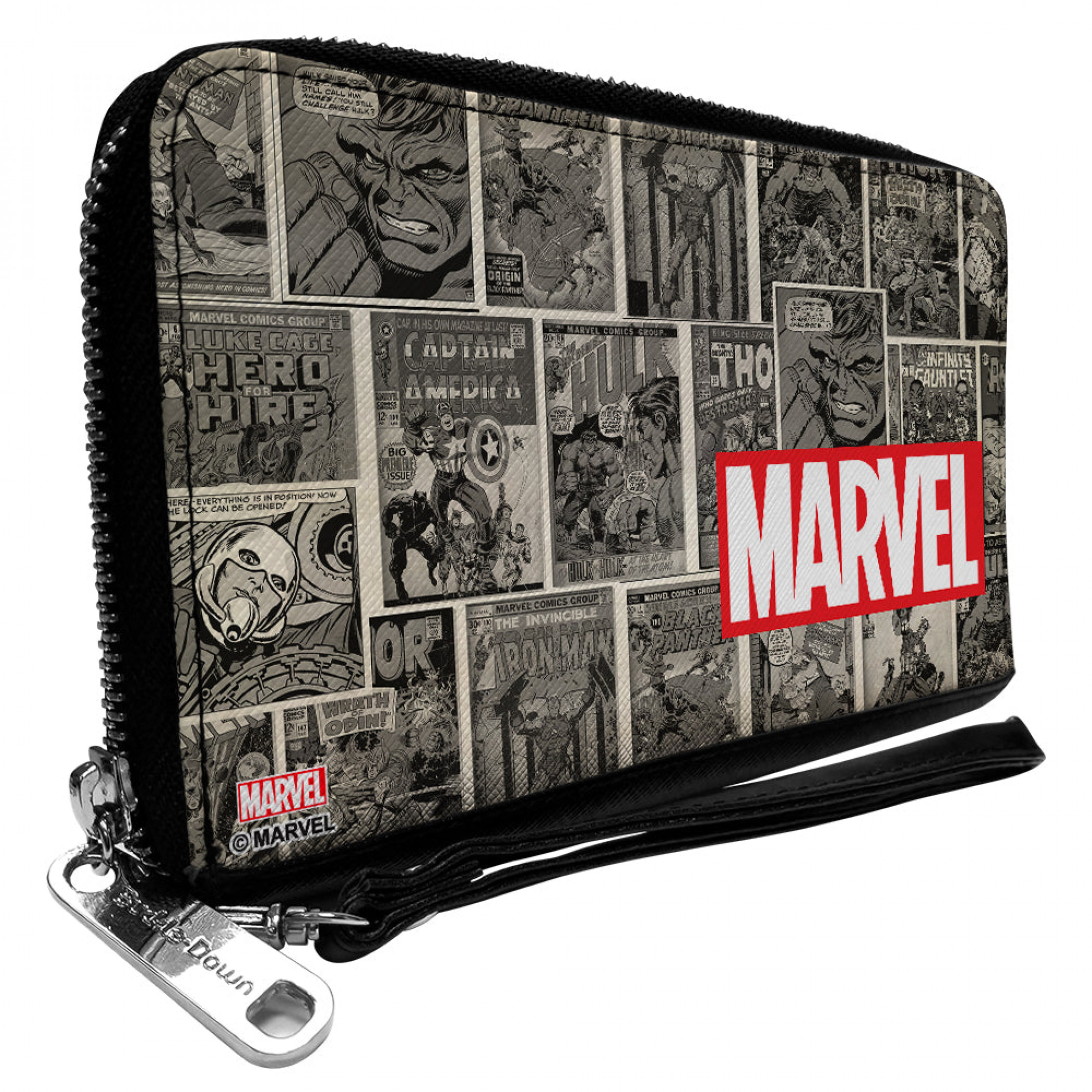 Marvel Logo with Retro Comic Covers PU Leather Zip Around Wallet, Multi-Color
