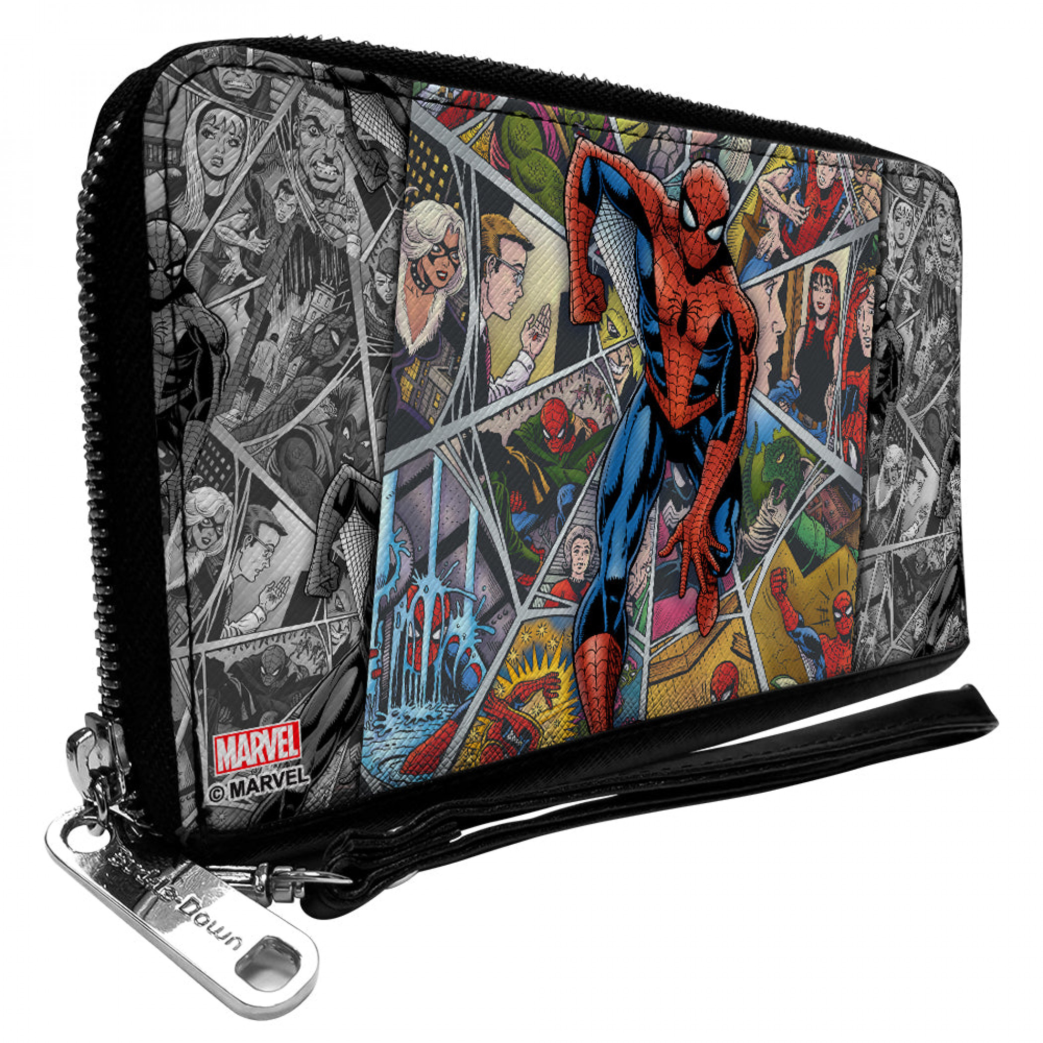 Spider-Man Character Panel Collage PU Leather Zip Around Wallet, Multi-Color