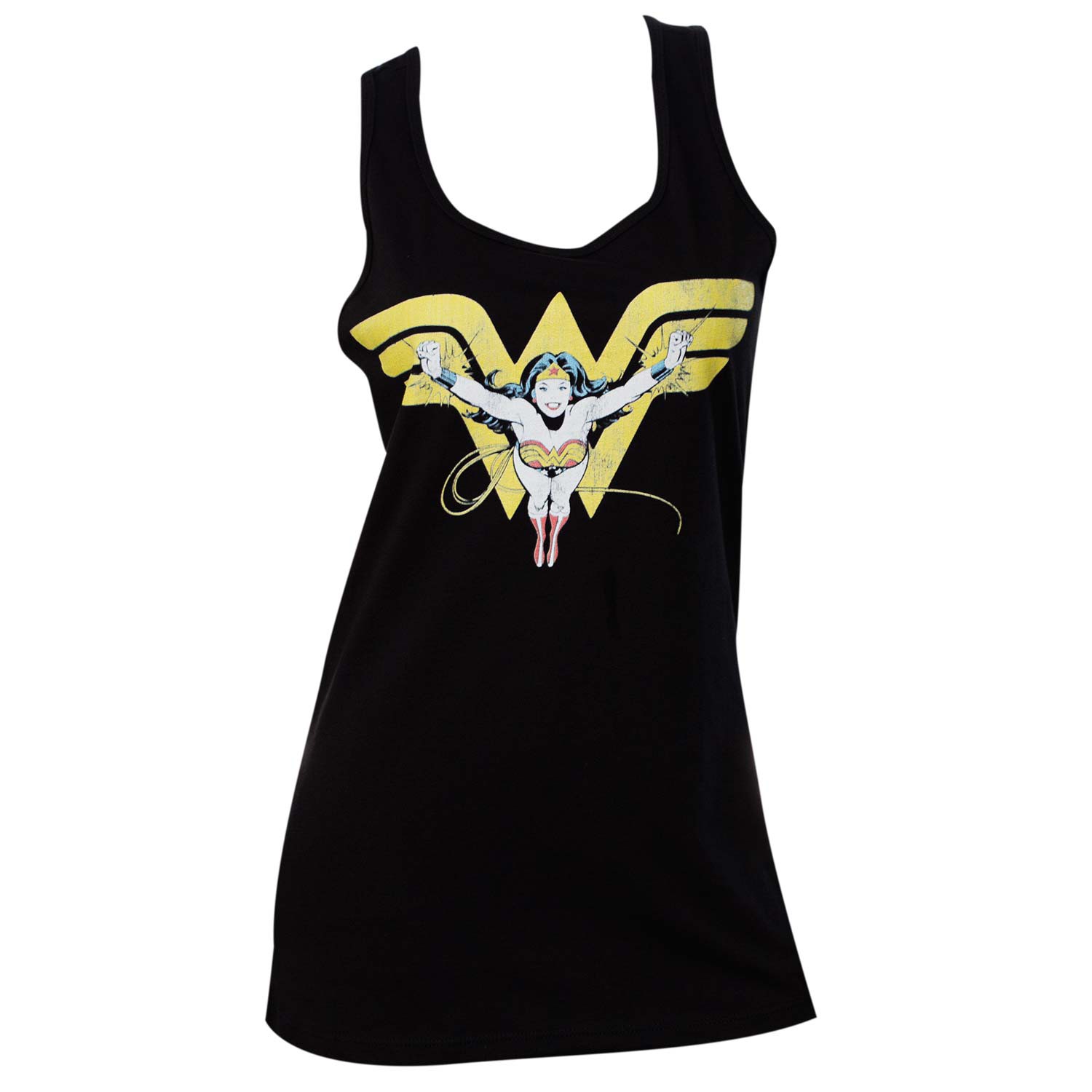 Wonder Woman Flying Over Logo Black Womens Tank Top