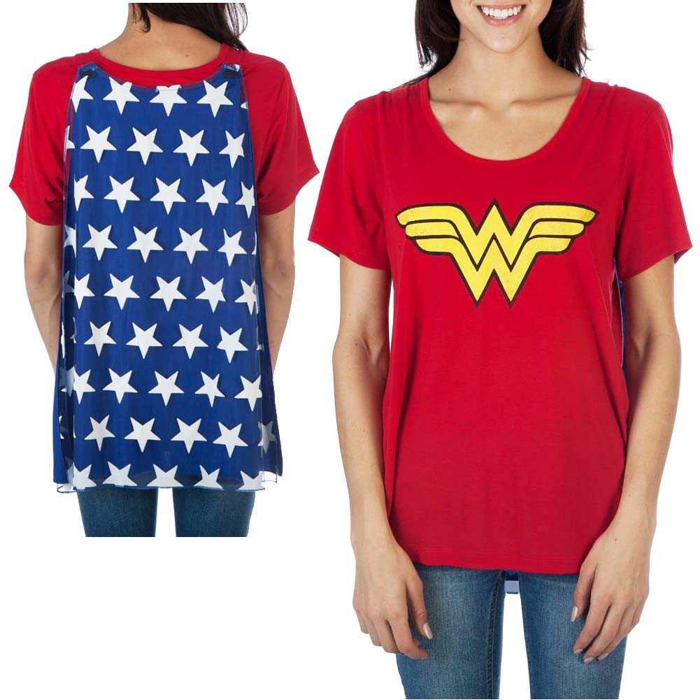 Wonder Woman Women's Interchangeable Cape Costume Tee Shirt, Red