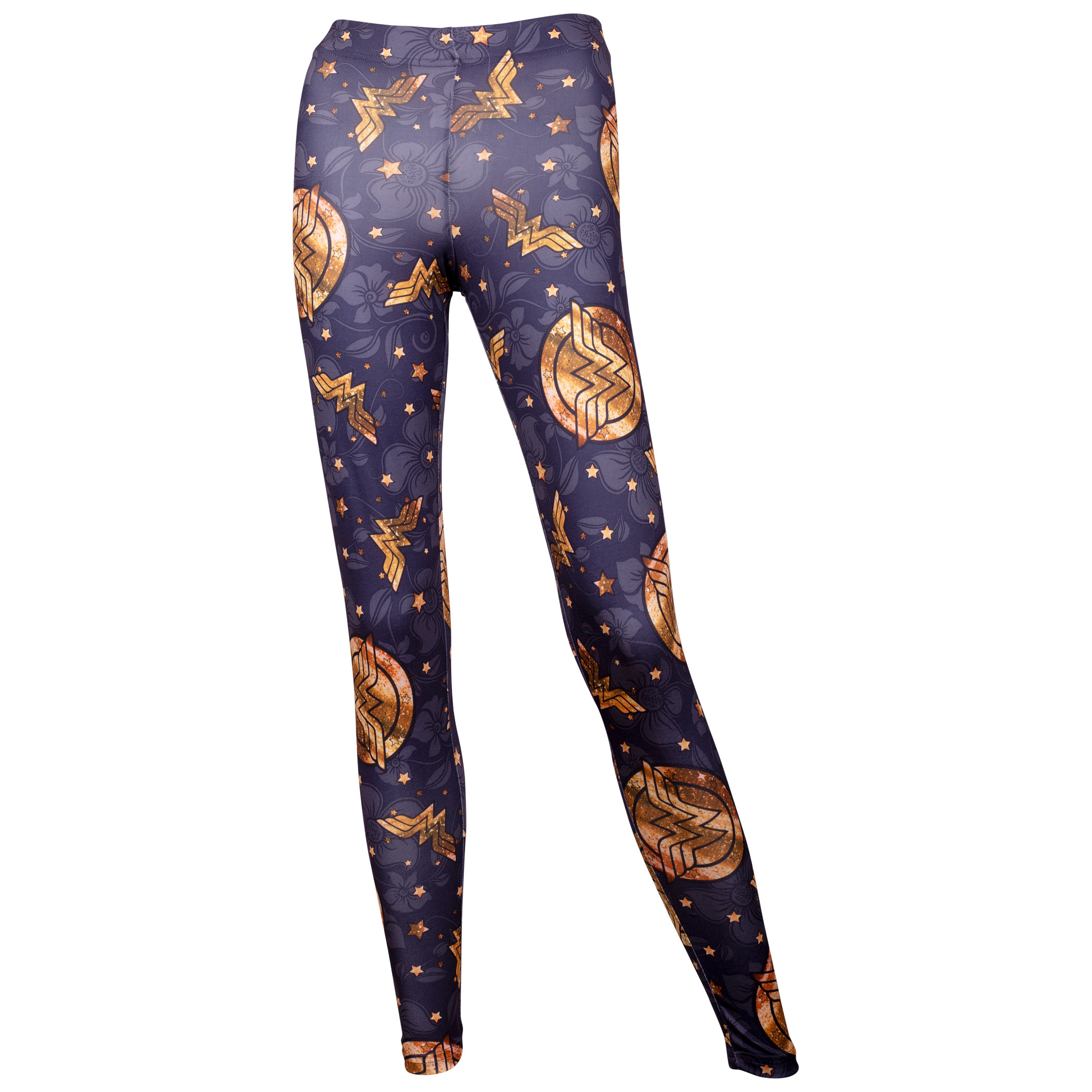 Wonder Woman Gold Symbols and Flowers Leggings, Blue