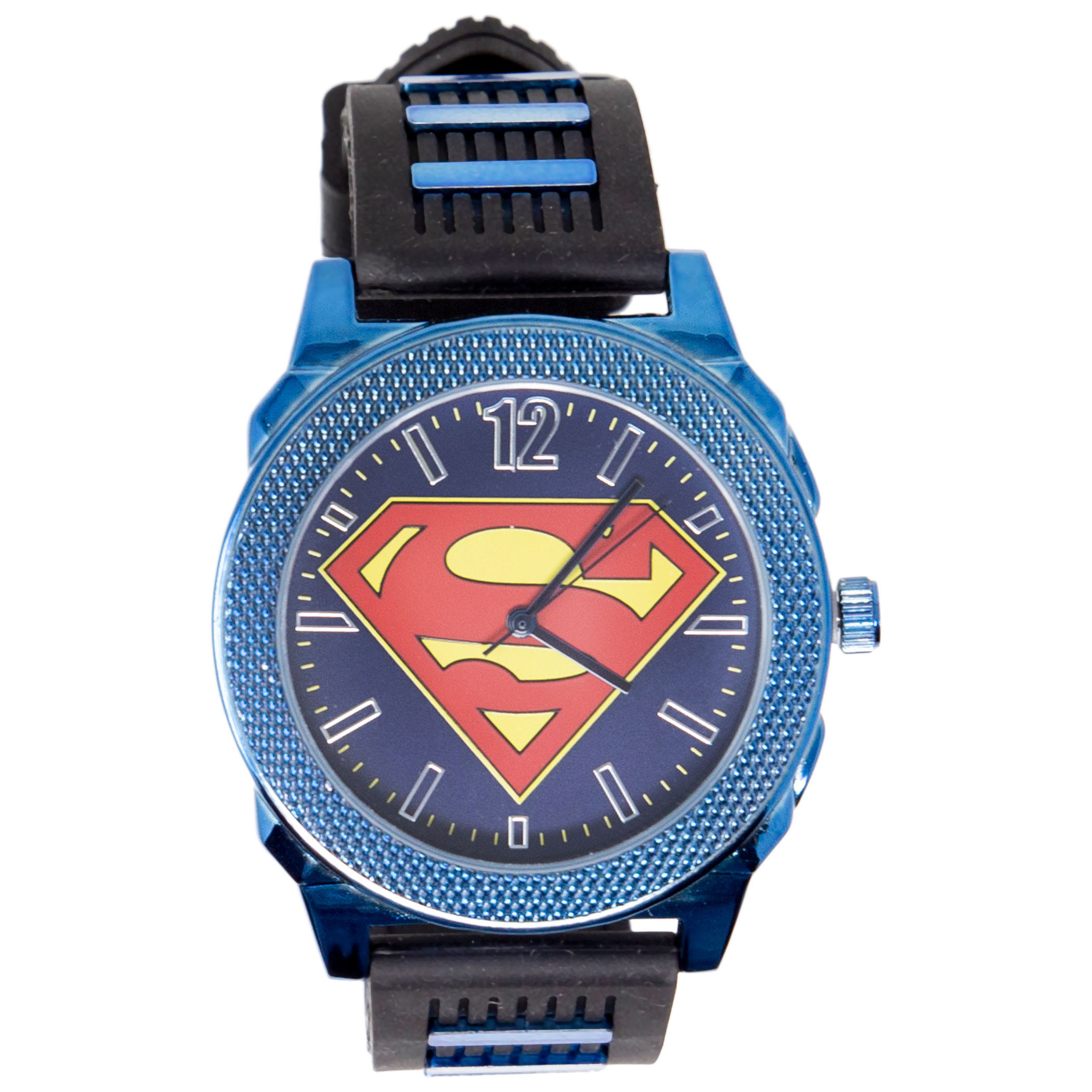Superman Classic Symbol Watch with Blue and Black Rubber Band, Blue