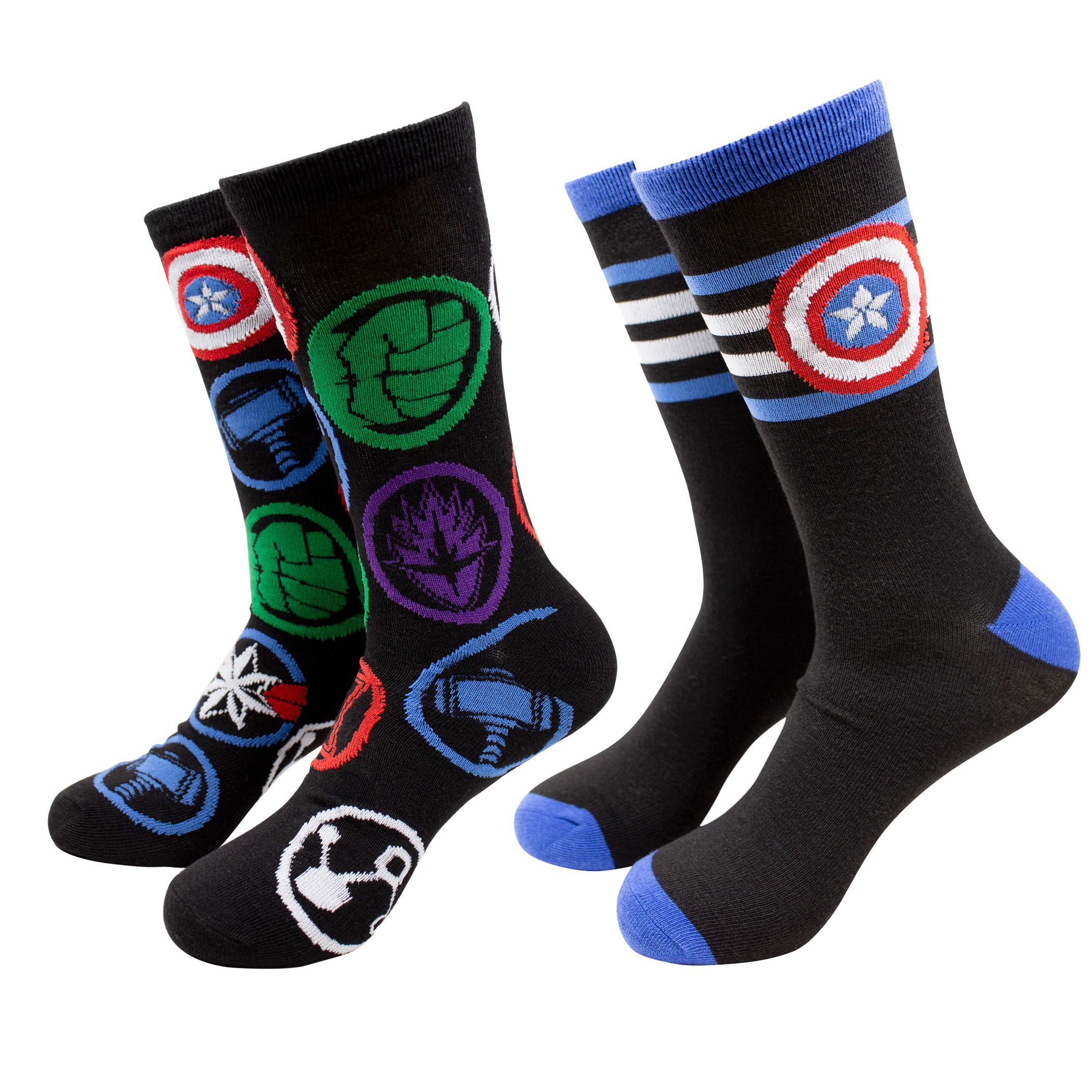 Captain America Striped Symbol and Avengers Logos 2-Pack Crew Socks, Black