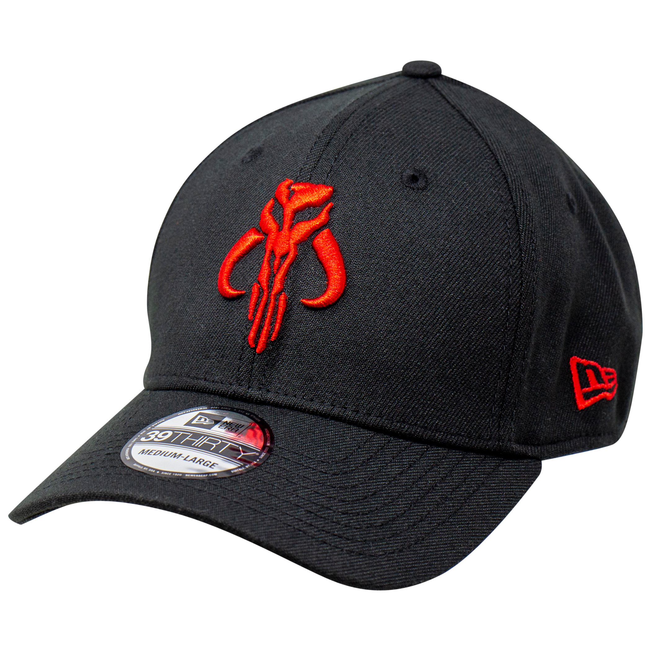 Star Wars The Mandalorian Red Mythosaur New Era 39Thirty Fitted Hat, Black