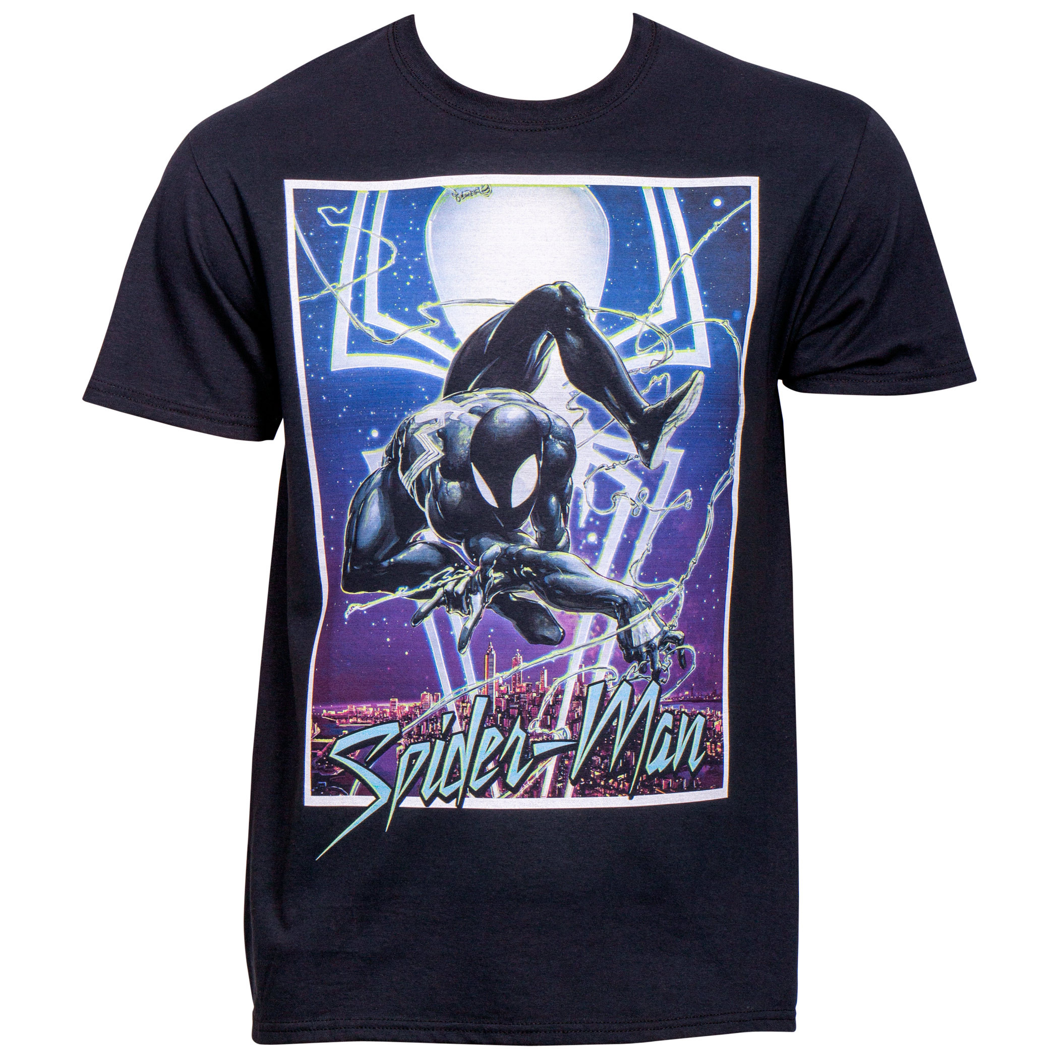 Marvel Spider-Man Symbiote Suit Swinging over the City T-Shirt, Black