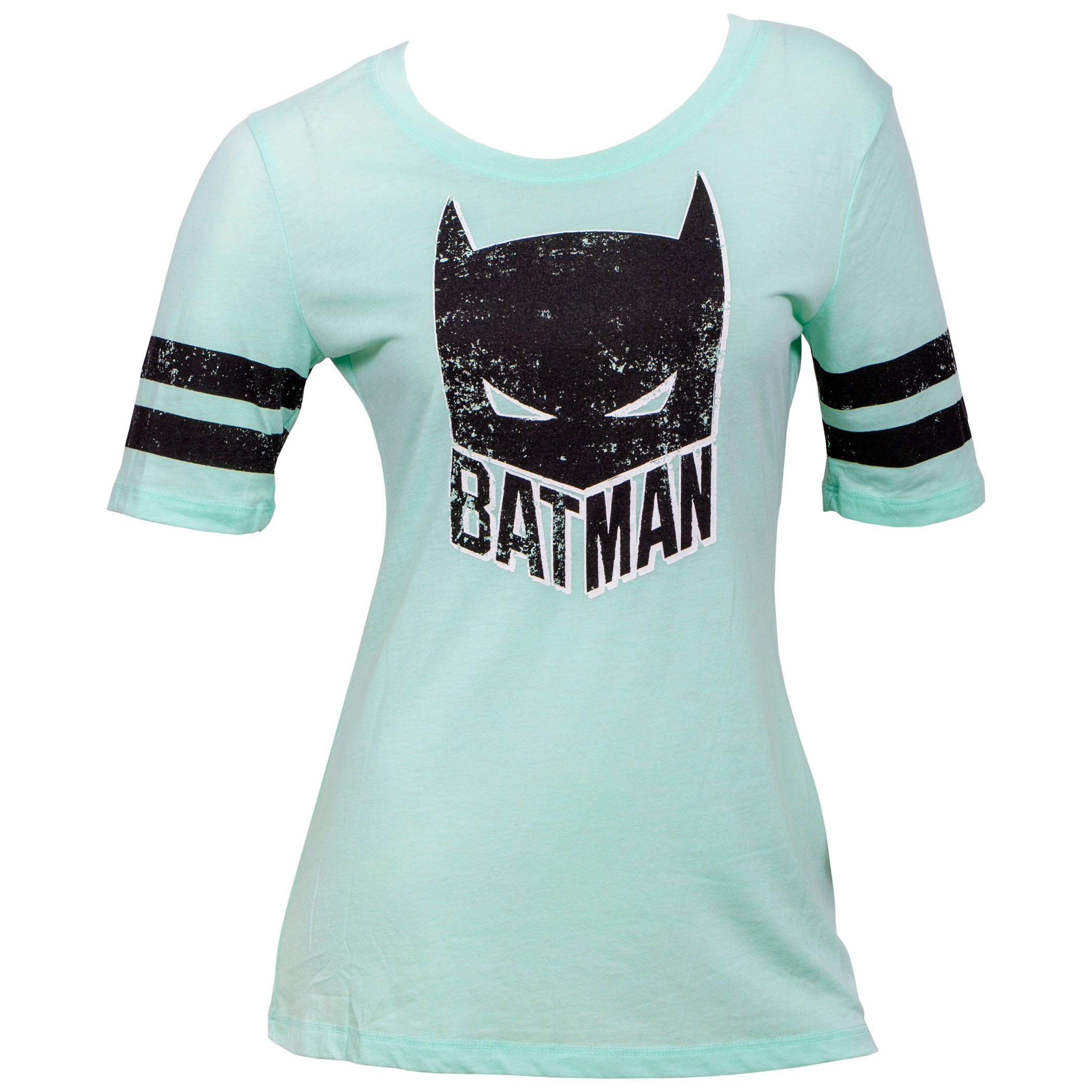 Batman Mask Striped Sleeves Women's T-Shirt, Blue