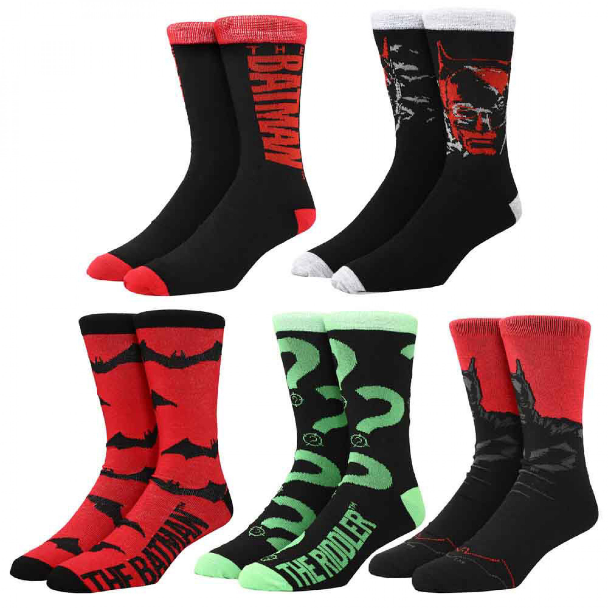 DC Comics The Batman and The Riddler 5-Pair Pack of Crew Socks, Multi-Color