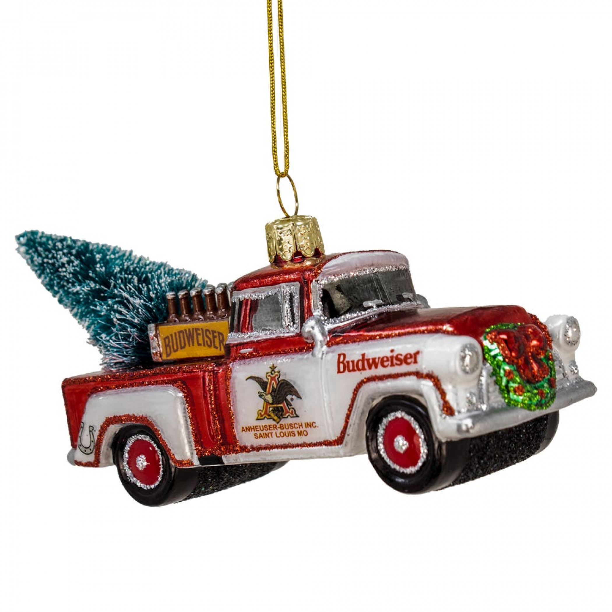 Budweiser Christmas Truck with Tree Glass Ornament