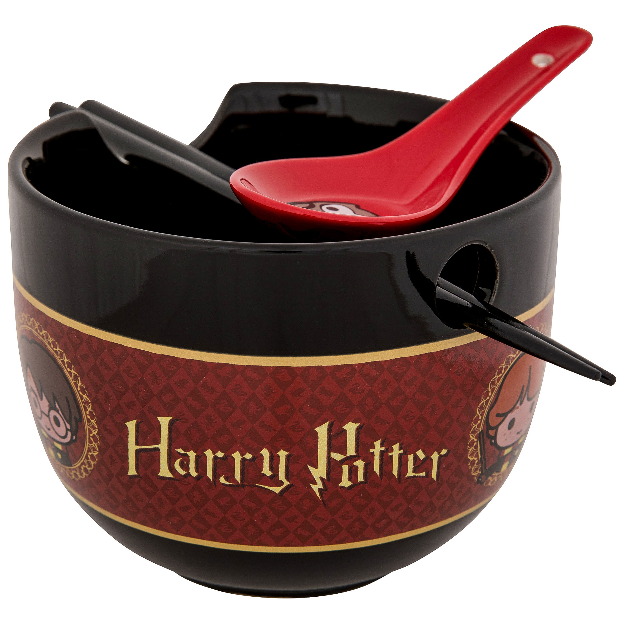 Harry Potter Chibi Characters Ramen Bowl with Chopsticks and Spoon, Red