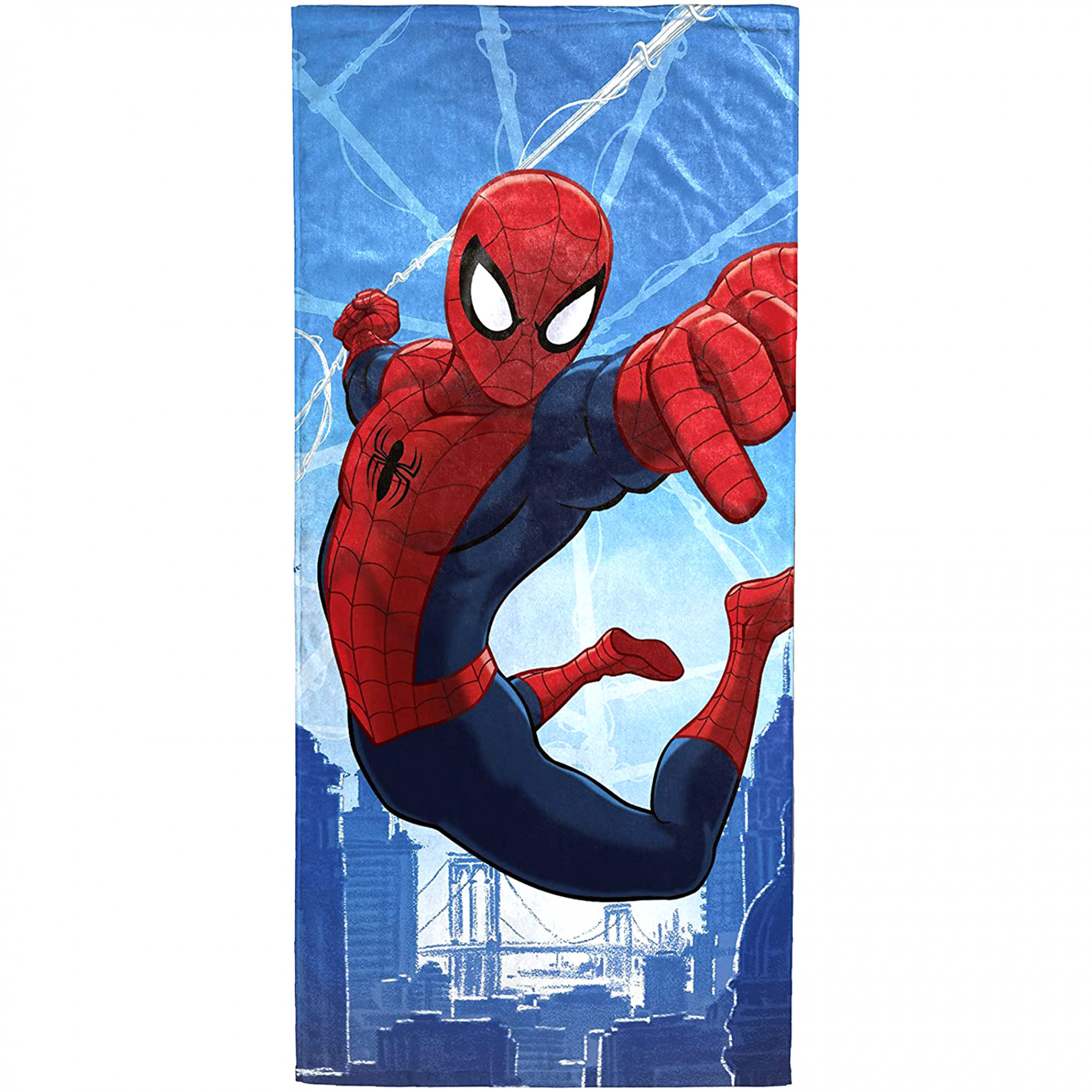 Spider-Man Swinging at Dawn Beach Towel, Blue