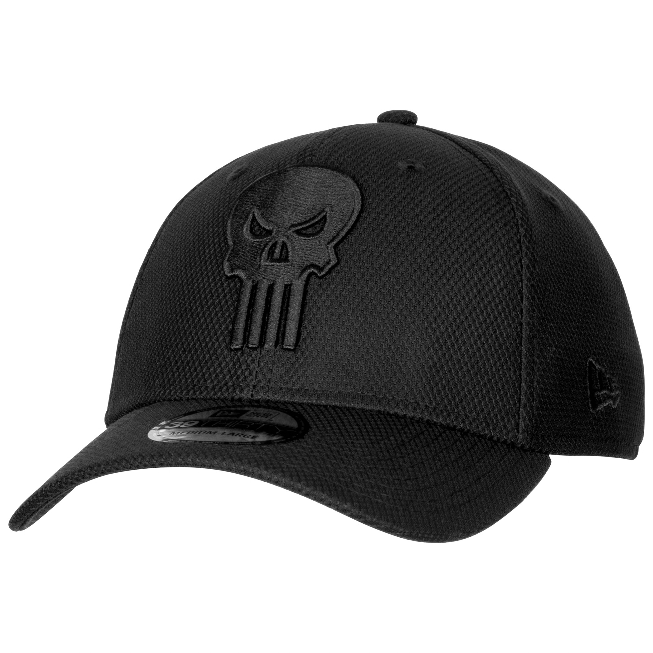 The Punisher Symbol Black on Black New Era 39Thirty Fitted Hat, Black