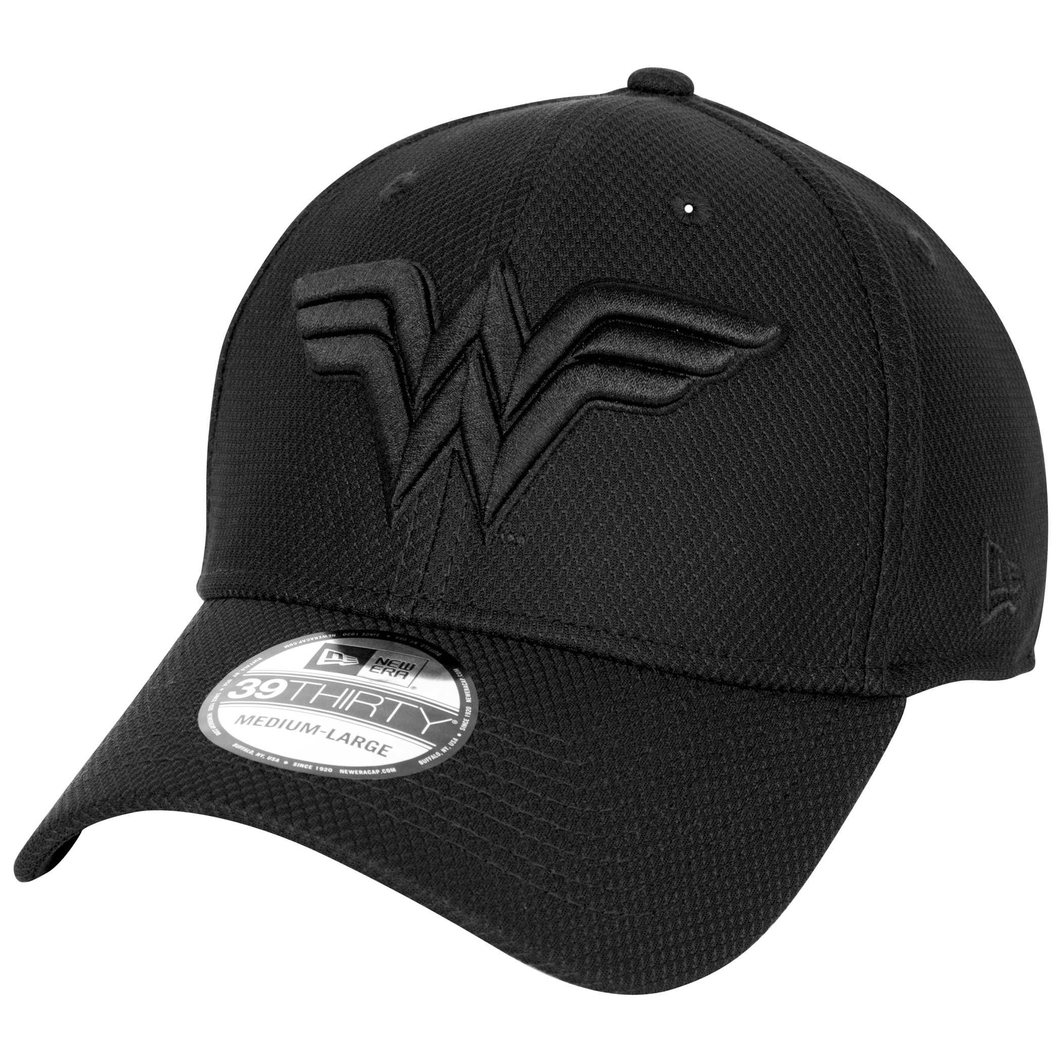 Wonder Woman Logo Black on Black Colorway New Era 39Thirty Fitted Hat, Black
