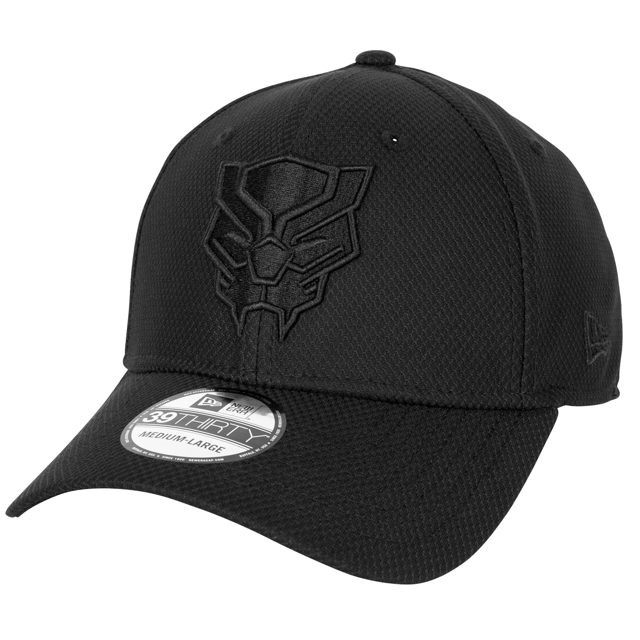 Black Panther Logo Black on Black New Era 39Thirty Fitted Hat, Black