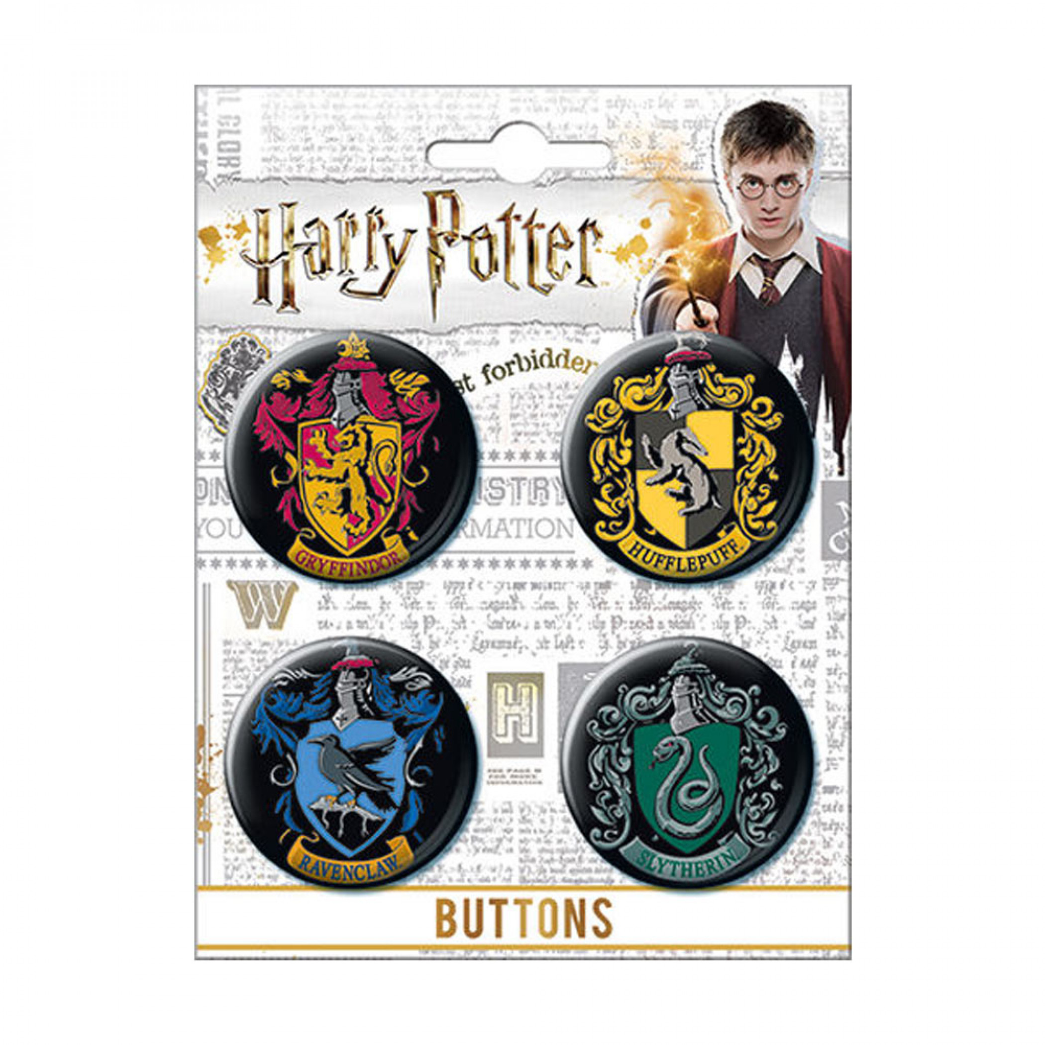 Harry Potter Hogwarts Houses 4-Pack Button Set, Black