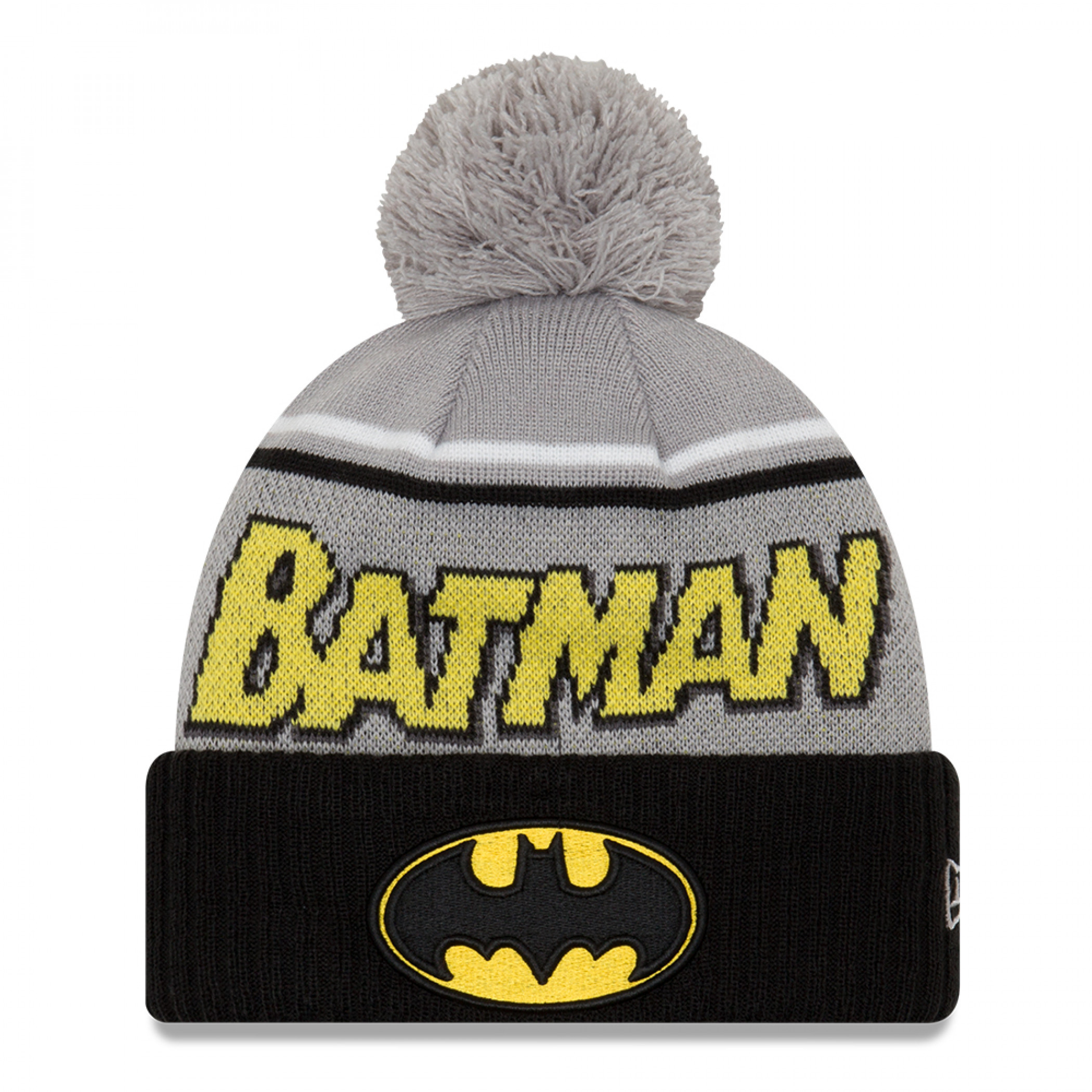 DC Comics Batman Classic Bat Symbol New Era Patch Pom Knit Beanie, Multi-Color