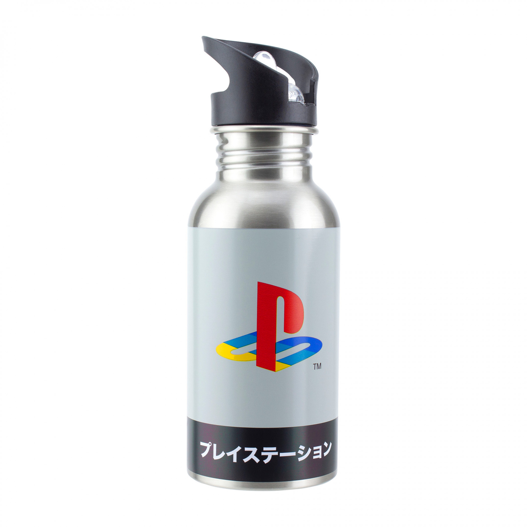 PlayStation Logo Katakana 500ml Stainless Steel Water Bottle w/ Straw, Silver