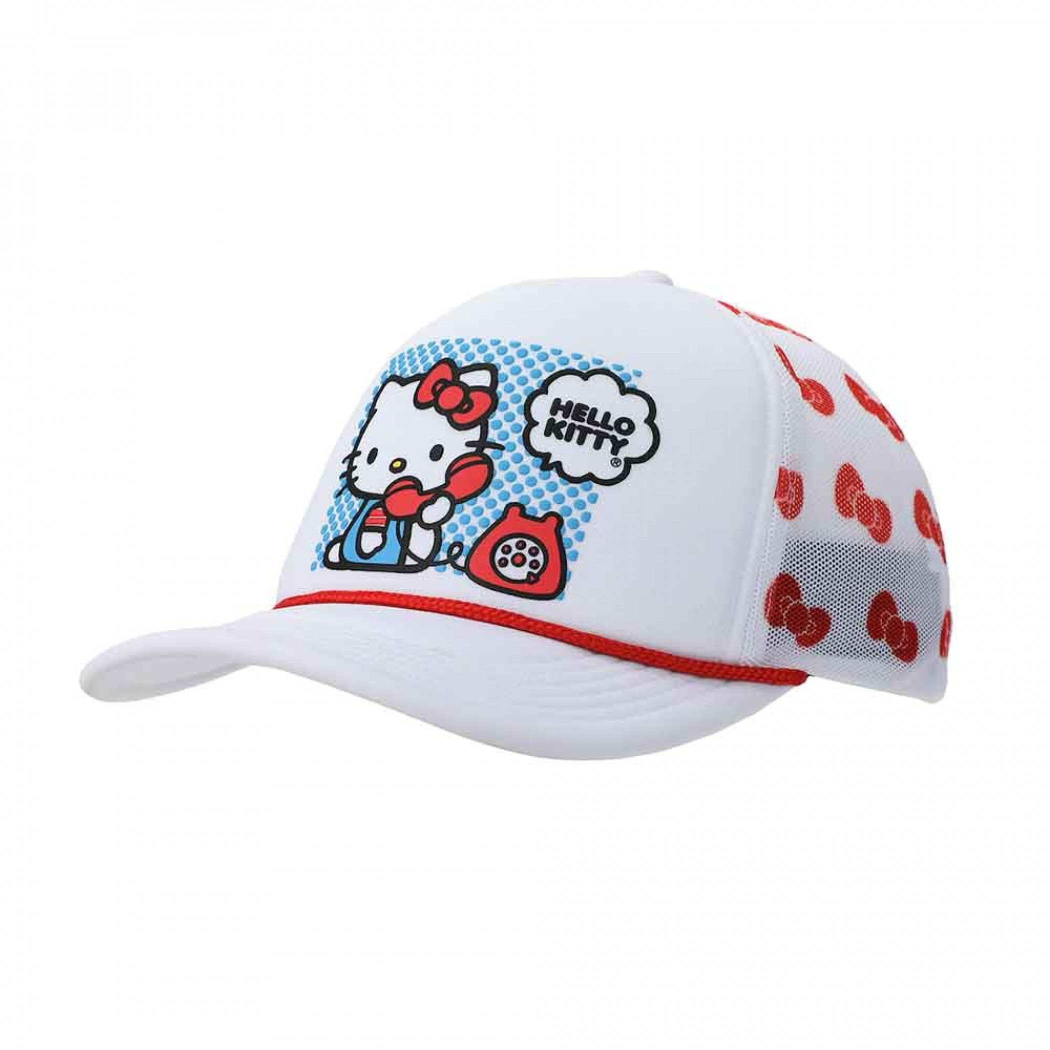 Hello Kitty on Dial Phone Printed Mesh Trucker Hat, White