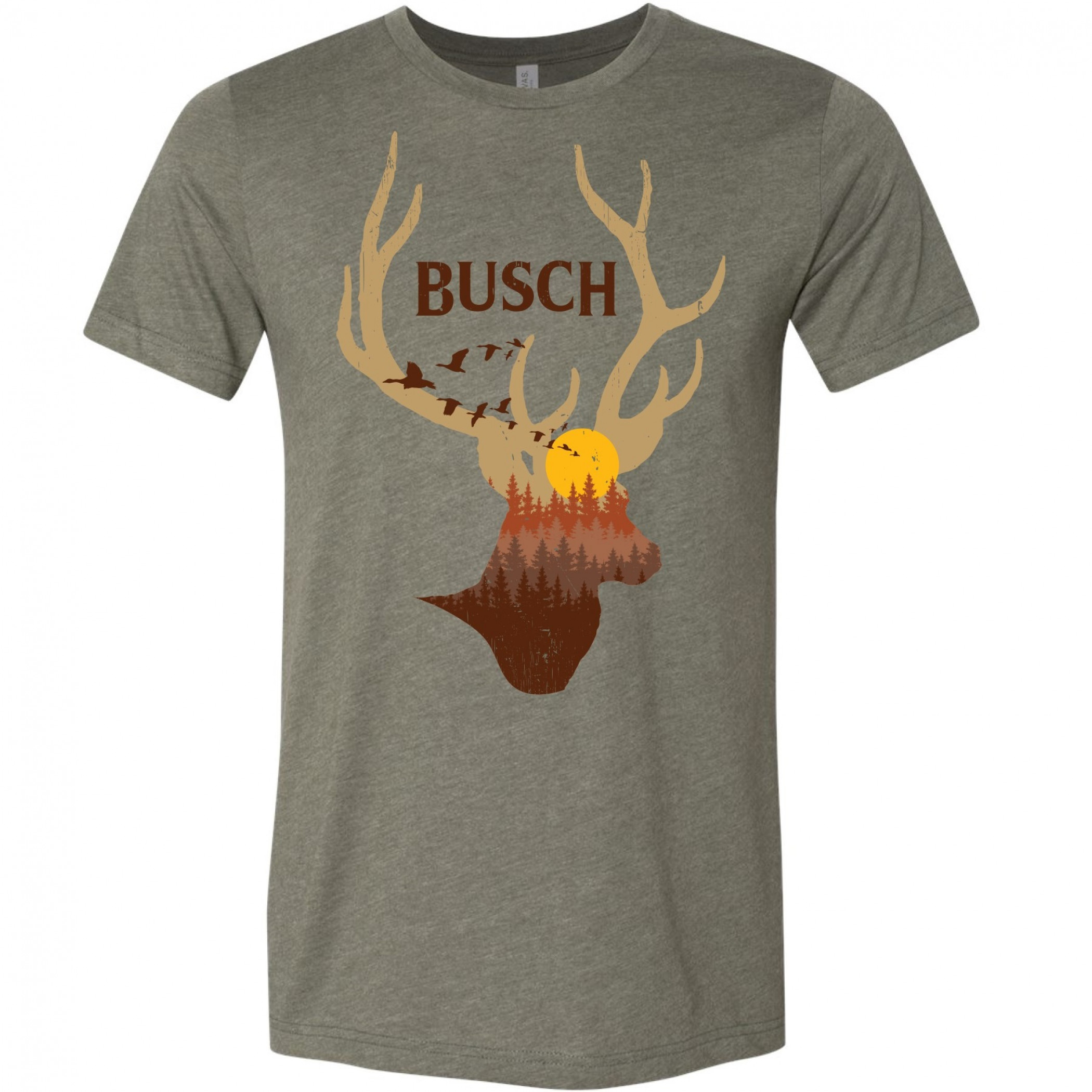 Busch Beer Deer Horns Sunset Military Green T-Shirt