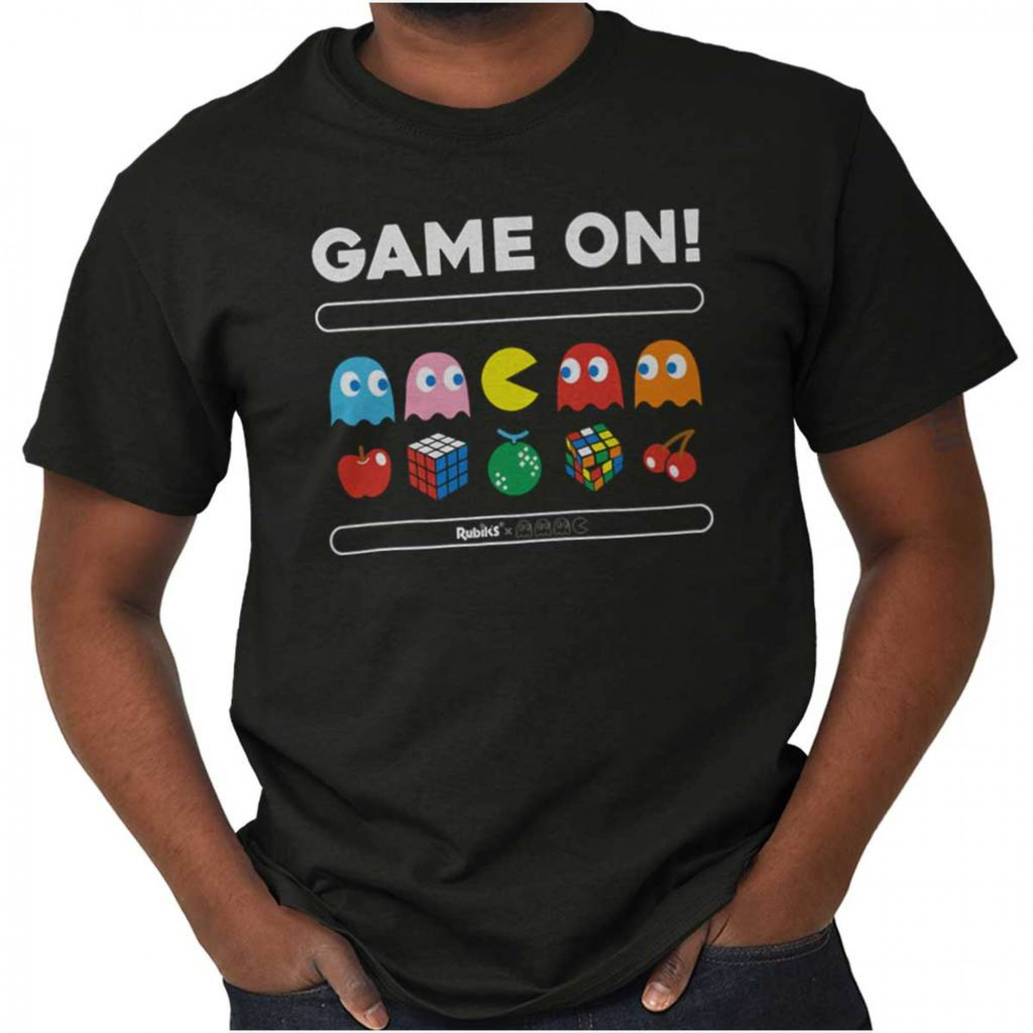 Pac-Man Game On Characters and Fruit Logo T-Shirt, Black