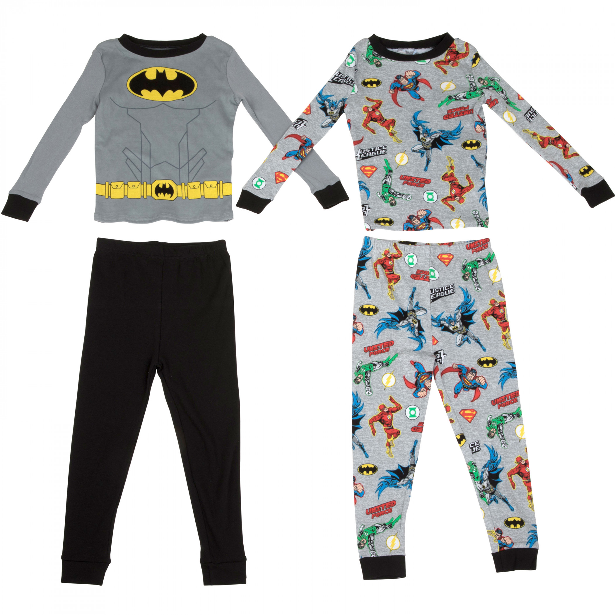 DC Comics Batman Costume & JLA  Long Sleeve 4-Piece Pajama Set, Multi-Color