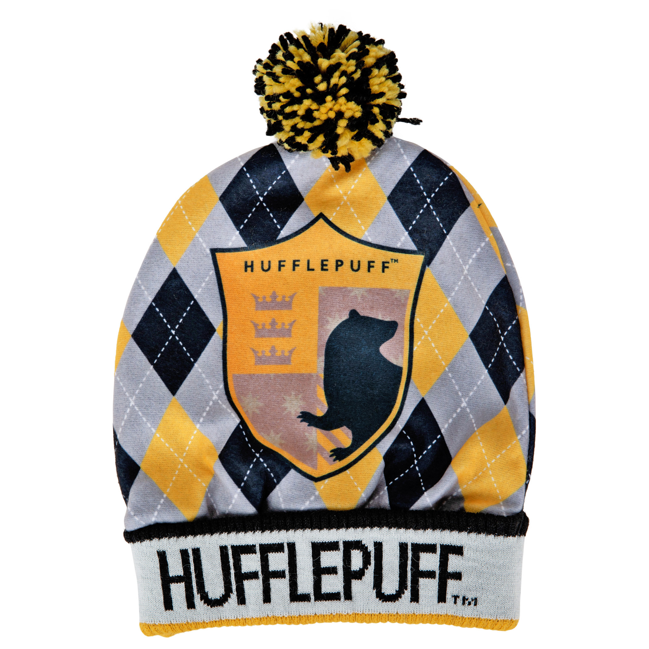 Harry Potter Hogwarts House Hufflepuff Crest Pom Cuff Beanie, Yellow