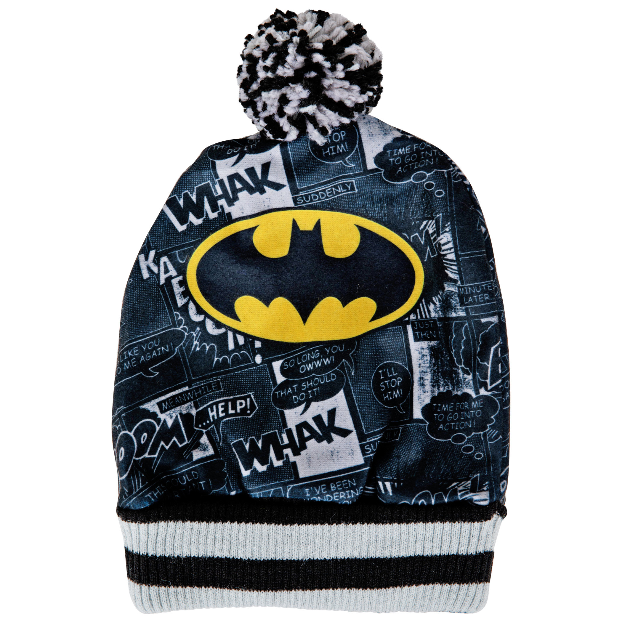 DC Comics Batman Classic Bat Symbol & Comic Pattern Pom Cuff Beanie, Black