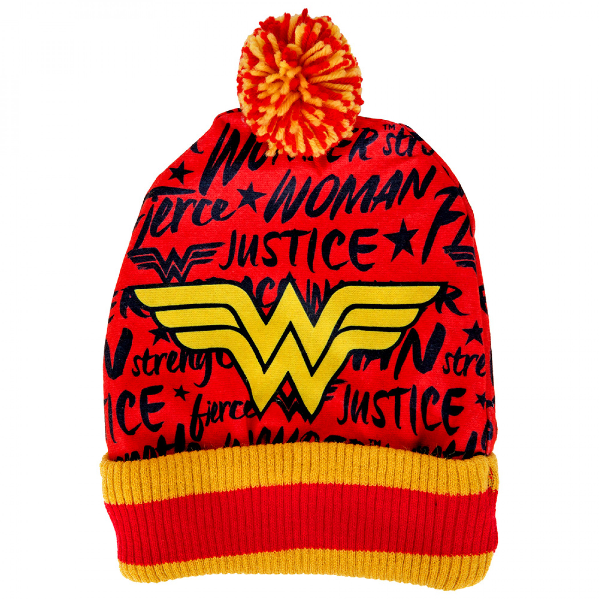 DC Comics Wonder Woman Symbol & Attributes Print Pom Cuff Beanie, Red
